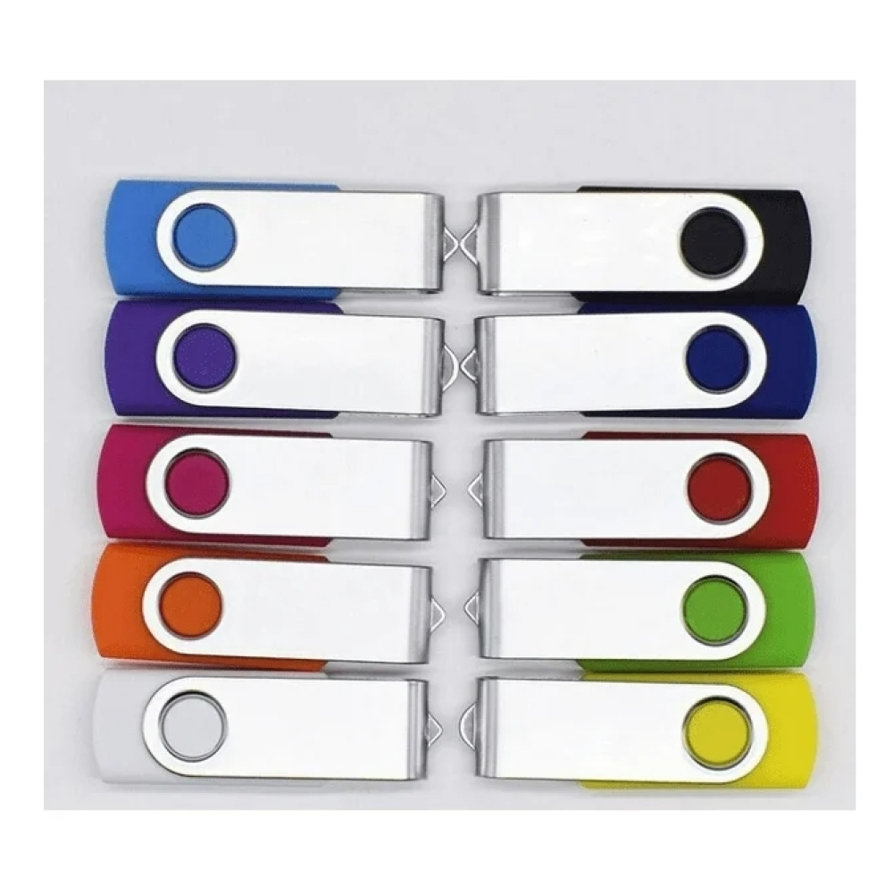 Zehn USB-Sticks in einer Reihe. Jeder Stick hat eine andere Farbe am Ende: blau, lila, pink, orange, weiß, schwarz, blau, rot, grün und gelb.