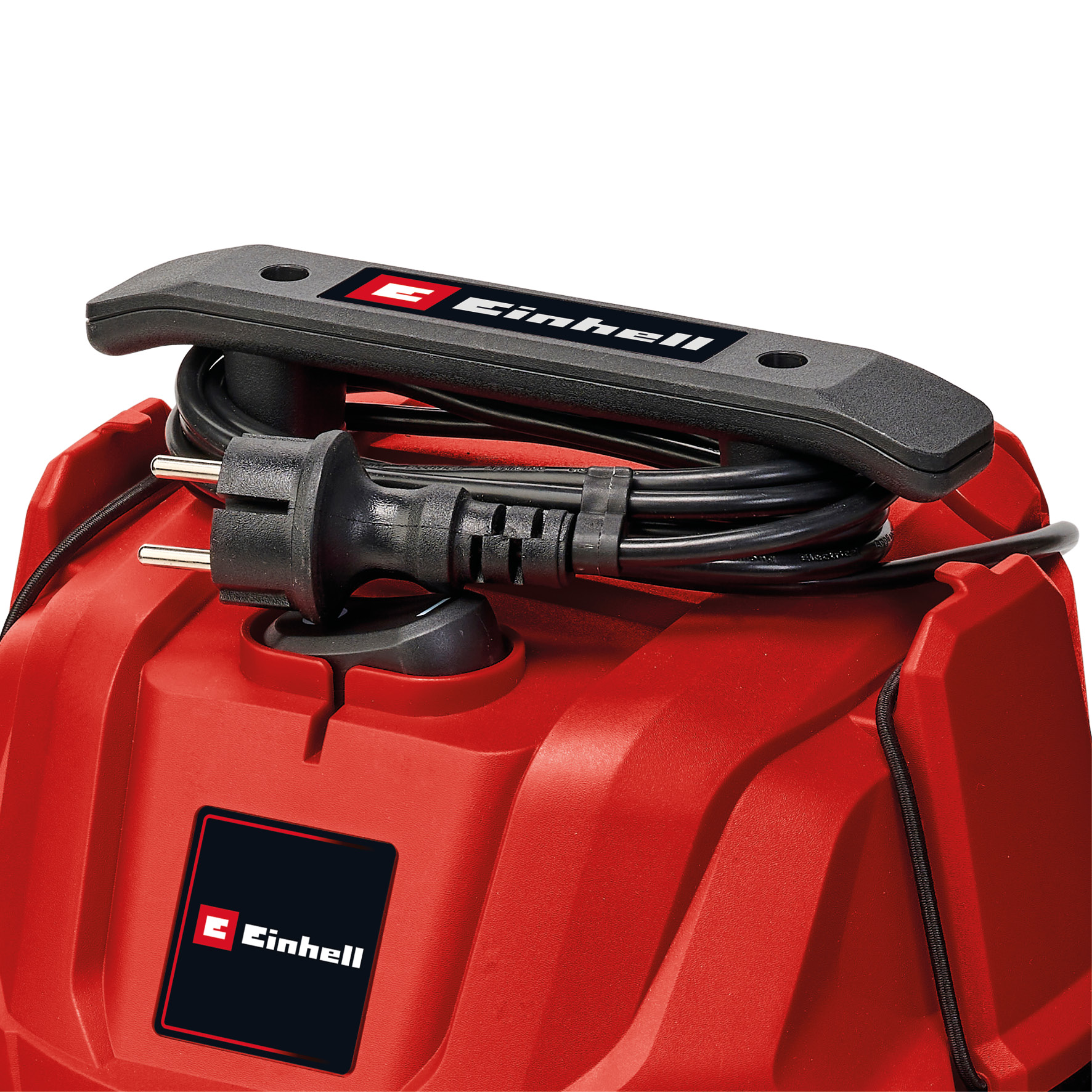 Un utensile elettrico Einhell rosso con cavo, spina e manico neri. Il logo è visibile.