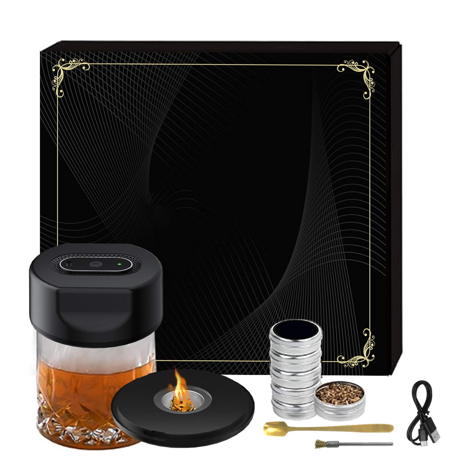 Ein Rauch-Kit mit einer schwarzen Box im Hintergrund. Es enthält ein Glas mit Flüssigkeit, ein schwarzes Gerät und Zubehör.