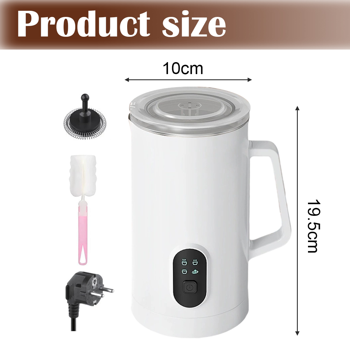 Weißer Milchaufschäumer mit Zubehör, Abmessungen: 10 cm breit, 19,5 cm hoch. Enthält Aufschäumer, Bürste, Stecker.