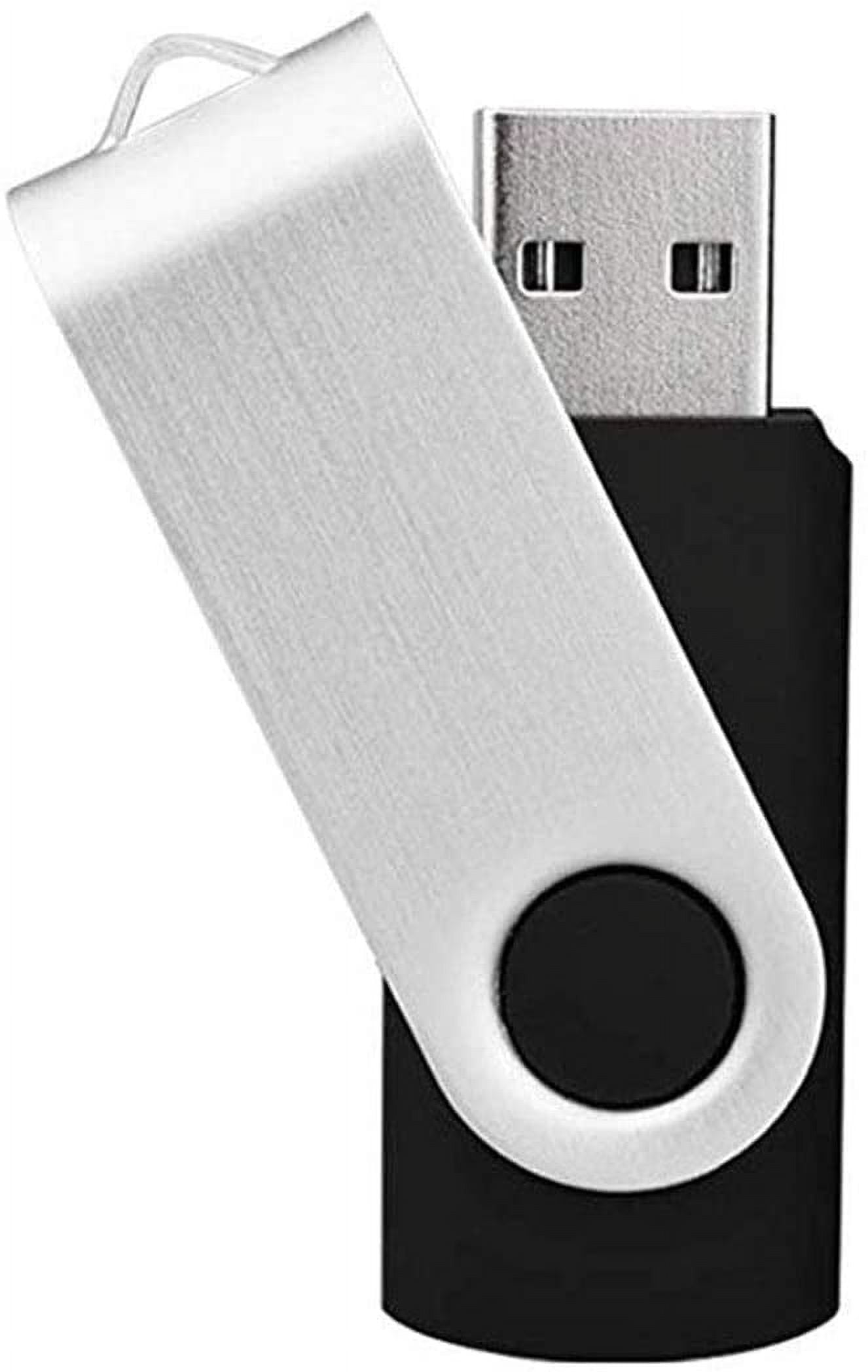 Ein schwarzer und silberner USB-Stick. Der silberne Teil schwenkt, um den USB-Anschluss freizulegen.
