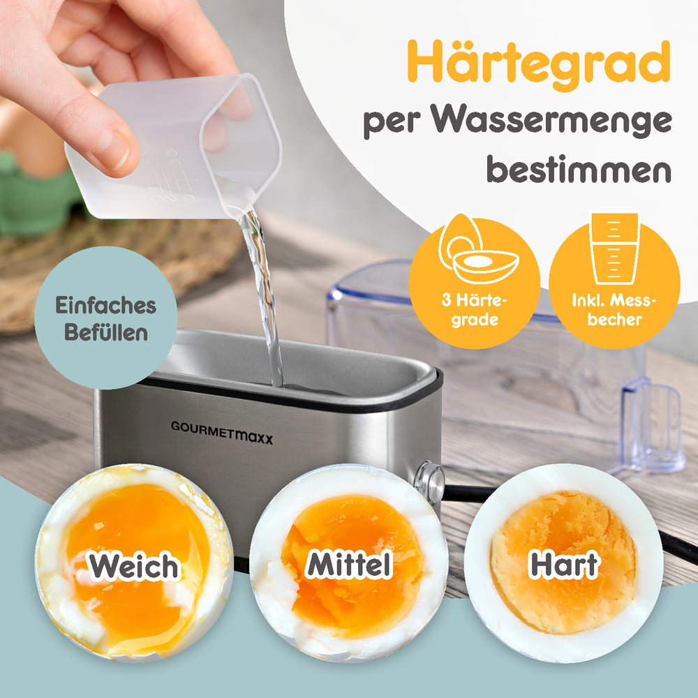 Ręka wlewa wodę do jajowaru, z trzema stylami jaj: miękkie, średnie i twarde. Tekst mówi: określ twardość na podstawie ilości wody.