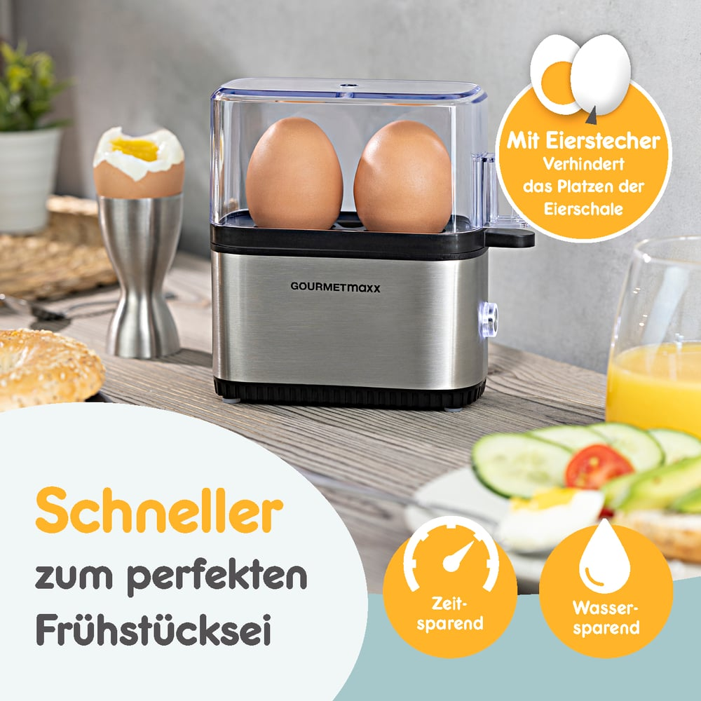 Gotowacz do jajek z jajkami w środku, jajko na twardo w uchwycie i produkty śniadaniowe. Tekst mówi: 'Szybciej do idealnego śniadania'.