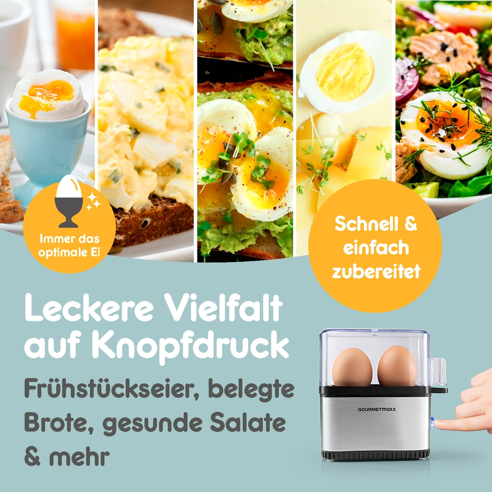 Zdjęcie przedstawia różne dania z jaj: jajka na miękko, sałatkę jajeczną, tosty z awokado i jajkiem oraz sałatkę z jajkiem. Obecny jest również mały garnek do gotowania jajek.