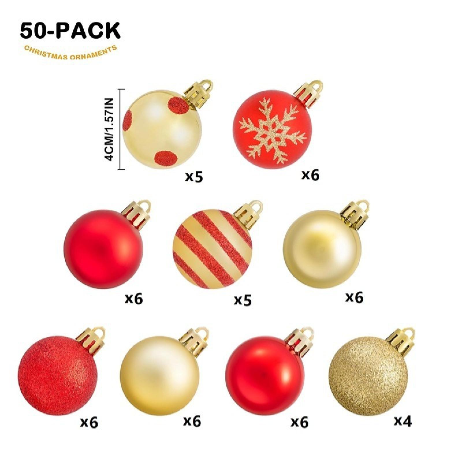 Das Bild zeigt ein 50er-Pack Weihnachtsschmuck. Verschiedene rote und goldene Kugeln mit unterschiedlichen Designs werden angezeigt.