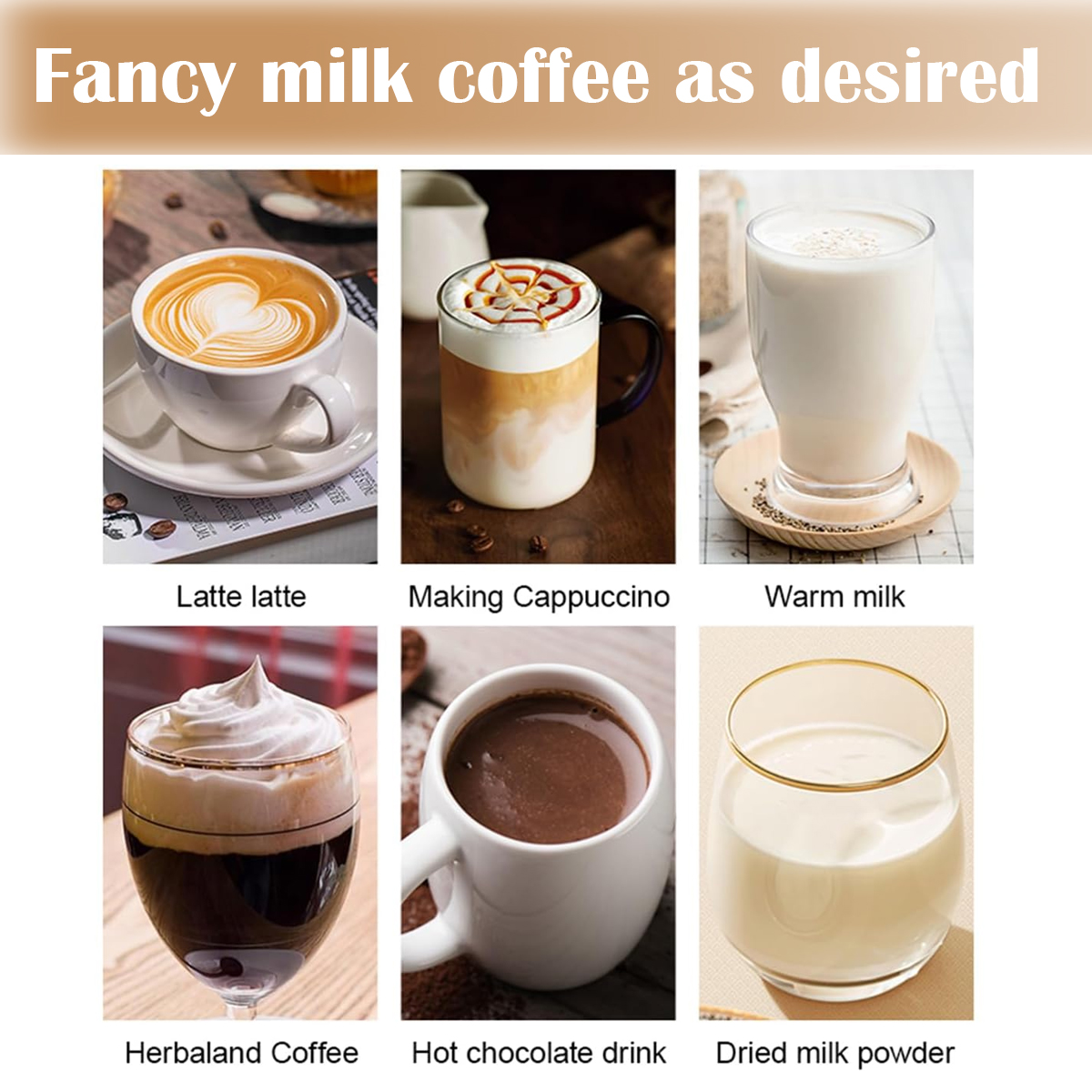 Das Bild zeigt sechs verschiedene Milchkaffeegetränke: Latte, Cappuccino, warme Milch, Kräuterkaffee, heiße Schokolade und Trockenmilchpulver.