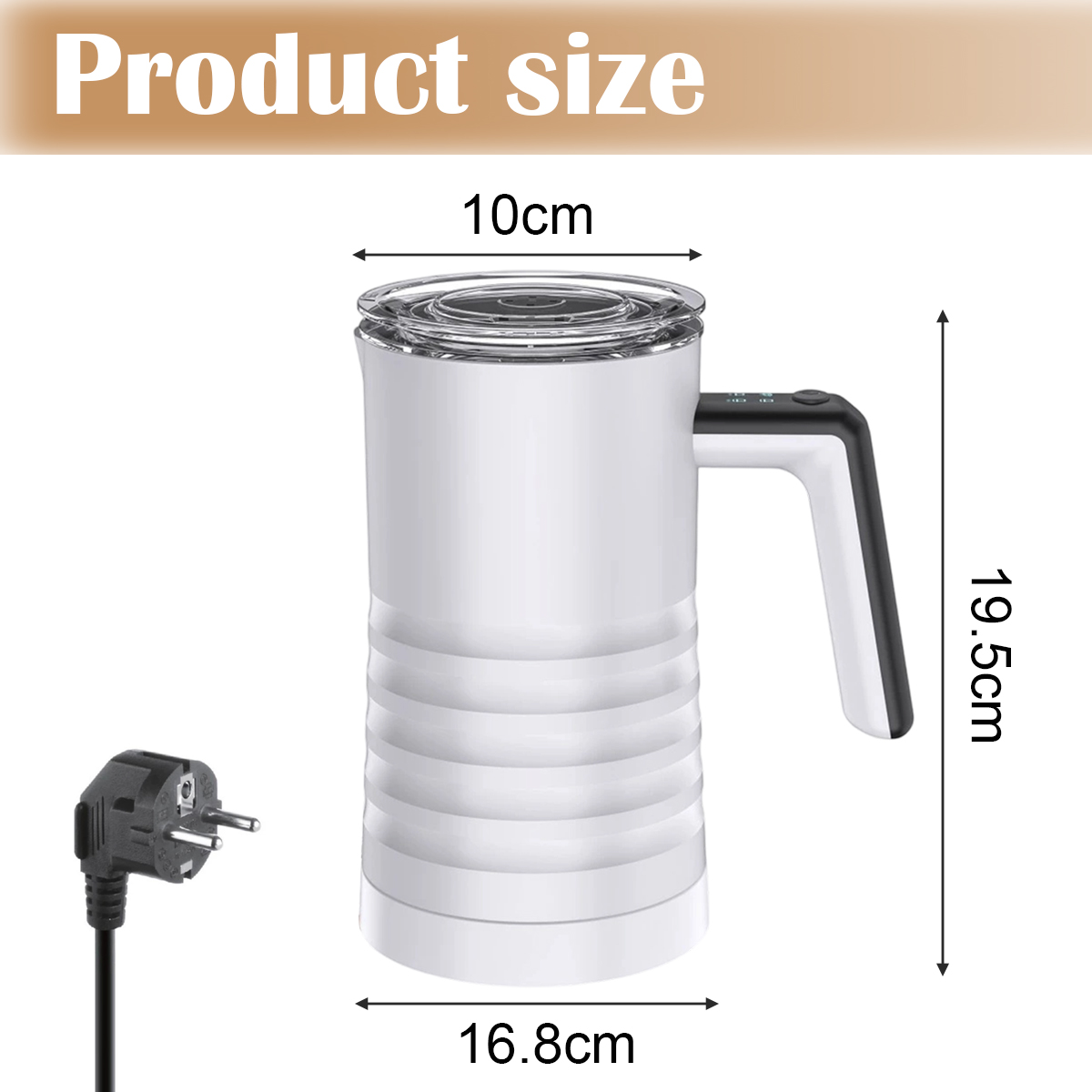 Ein weißer Milchaufschäumer mit den Maßen: 10 cm, 19,5 cm und 16,8 cm. Links befindet sich ein schwarzer Stecker.