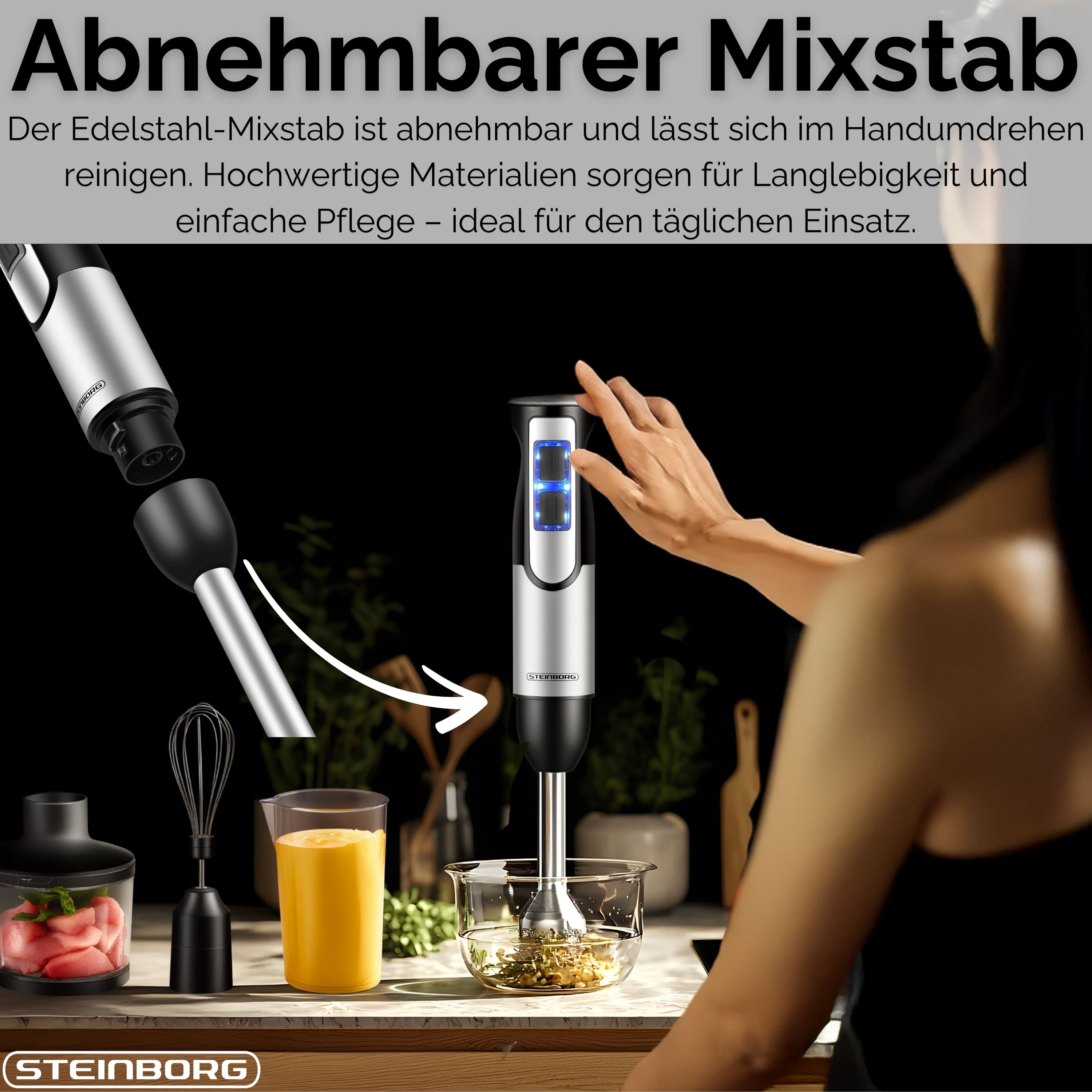 Ein Handmixer mit einer Hand einer Frau darauf. Im Vordergrund befinden sich weiteres Küchenzubehör.