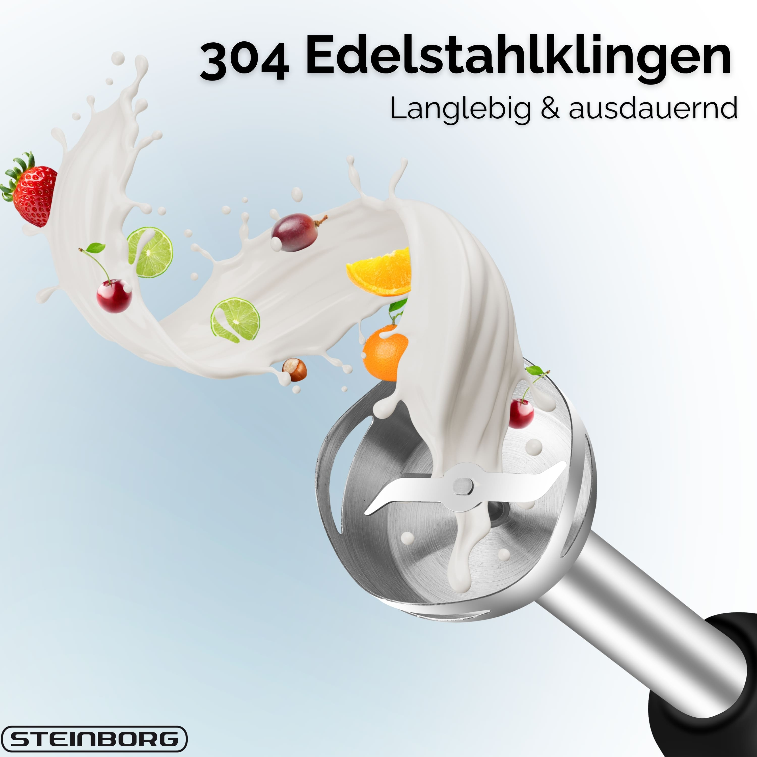 Ein Mixer mit Edelstahlklinge. Milch und Früchte spritzen. Text oben: '304 Edelstahlklingen'.