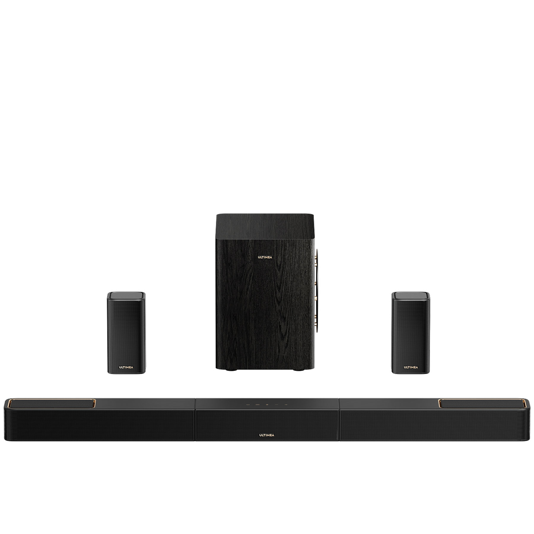 Czarny system dźwiękowy z soundbarem, subwooferem i dwoma głośnikami. Soundbar ma złote akcenty. Wszystkie elementy są czarne.