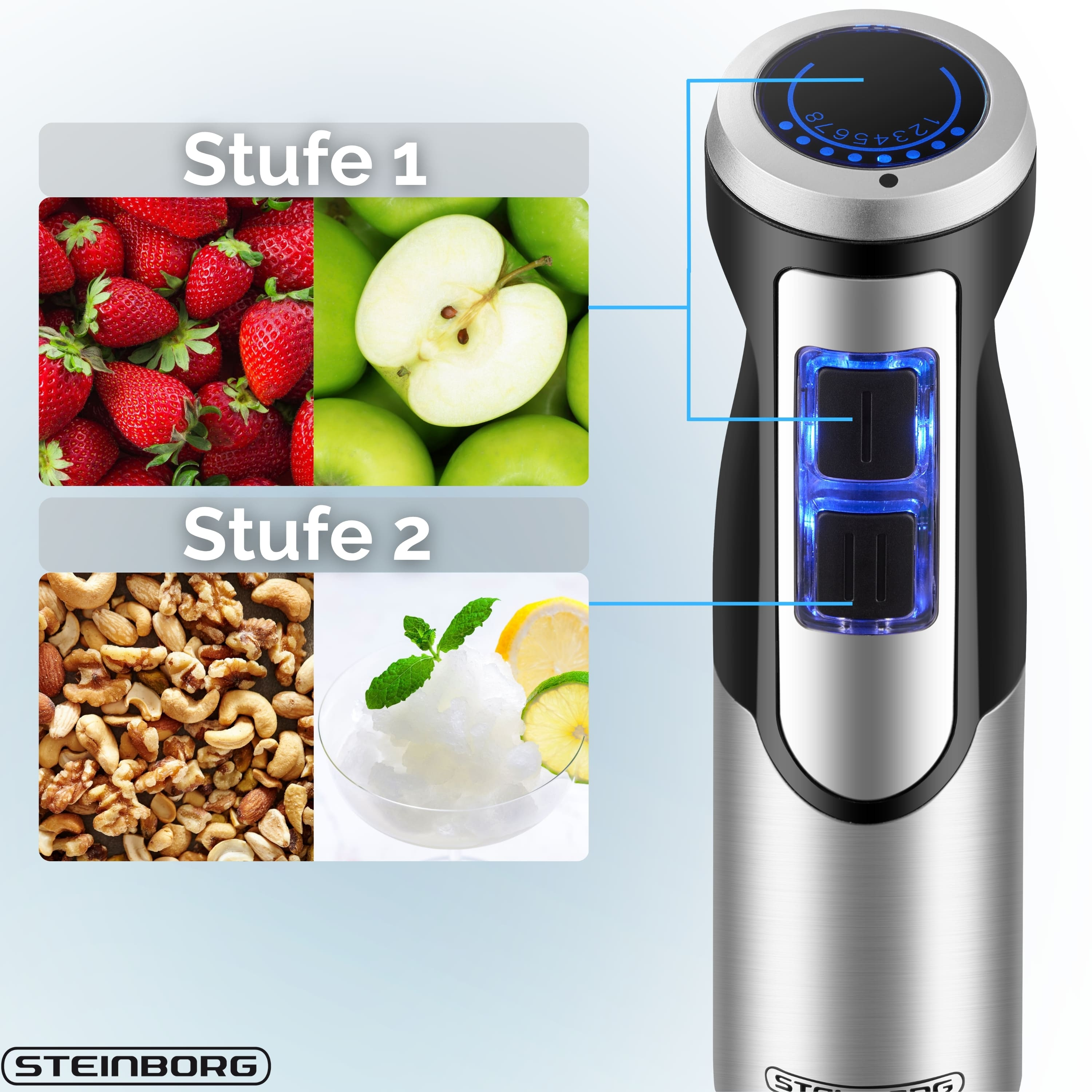 Ein elektrischer Mixer mit Lebensmittelproben von Erdbeeren, Äpfeln, Nüssen und Sorbet. Der Mixer hat Knöpfe und ein Geschwindigkeitsrad.