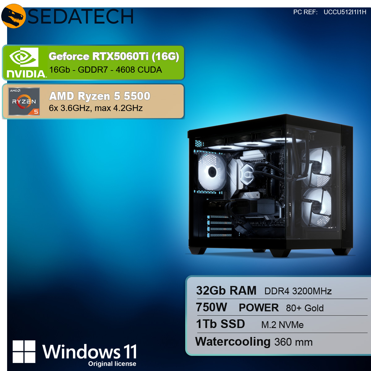 Obudowa komputera z komponentami, w tym kartą graficzną, procesorem, pamięcią RAM, dyskiem SSD i chłodzeniem wodnym. Logo Windows 11.