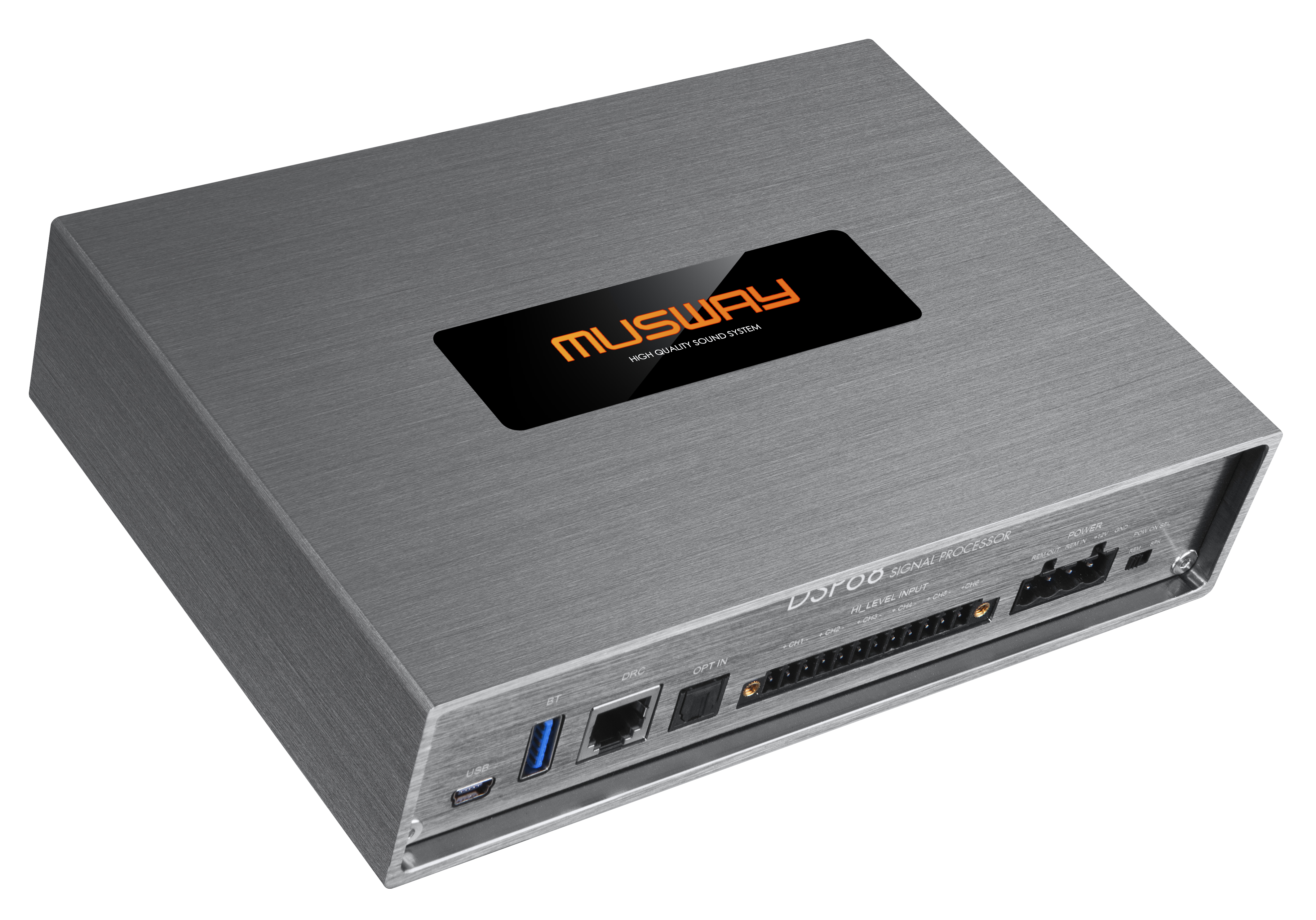 Ein silberner Musway-Audioprozessor mit orangefarbenem Logo. Es hat verschiedene Ein- und Ausgänge.
