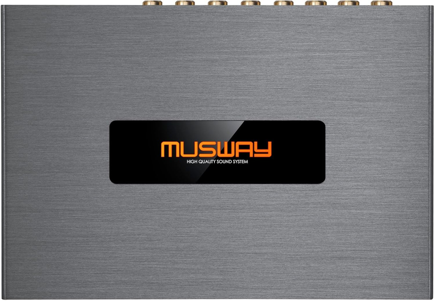 Ein graues Soundsystem mit dem Markennamen 'MUSWAY' in Orange. Es hat mehrere goldfarbene Anschlussanschlüsse.