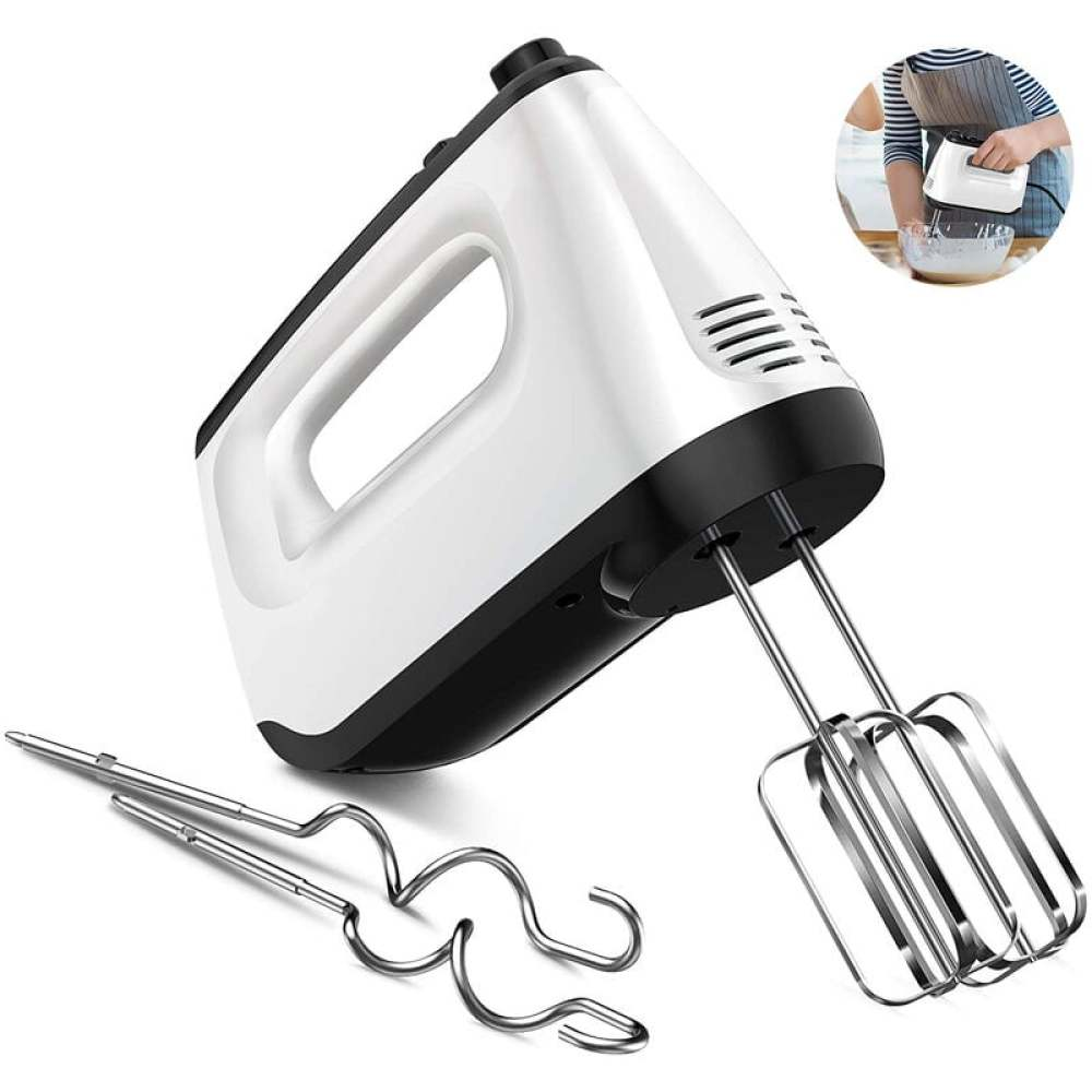 Ein weißer und schwarzer Handmixer mit zwei Aufsätzen. Eine kleine Abbildung zeigt den Mixer in Gebrauch.