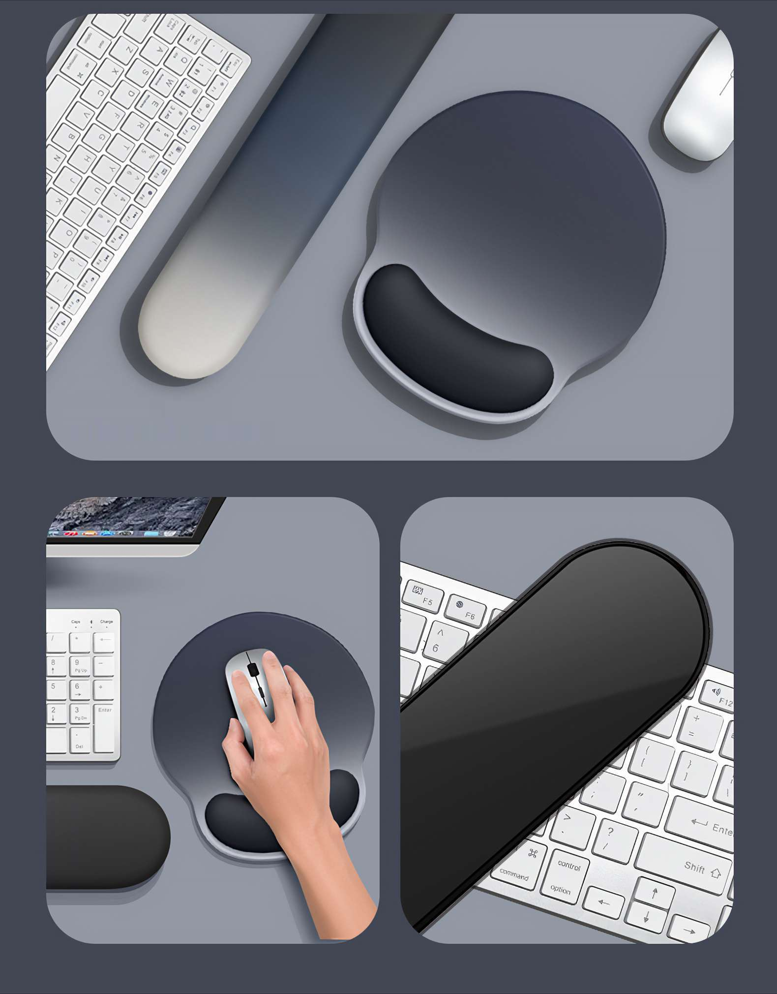 Ein Computer-Setup mit Tastatur, Maus und Handgelenkauflage. Eine Hand benutzt die Maus auf einem Pad.