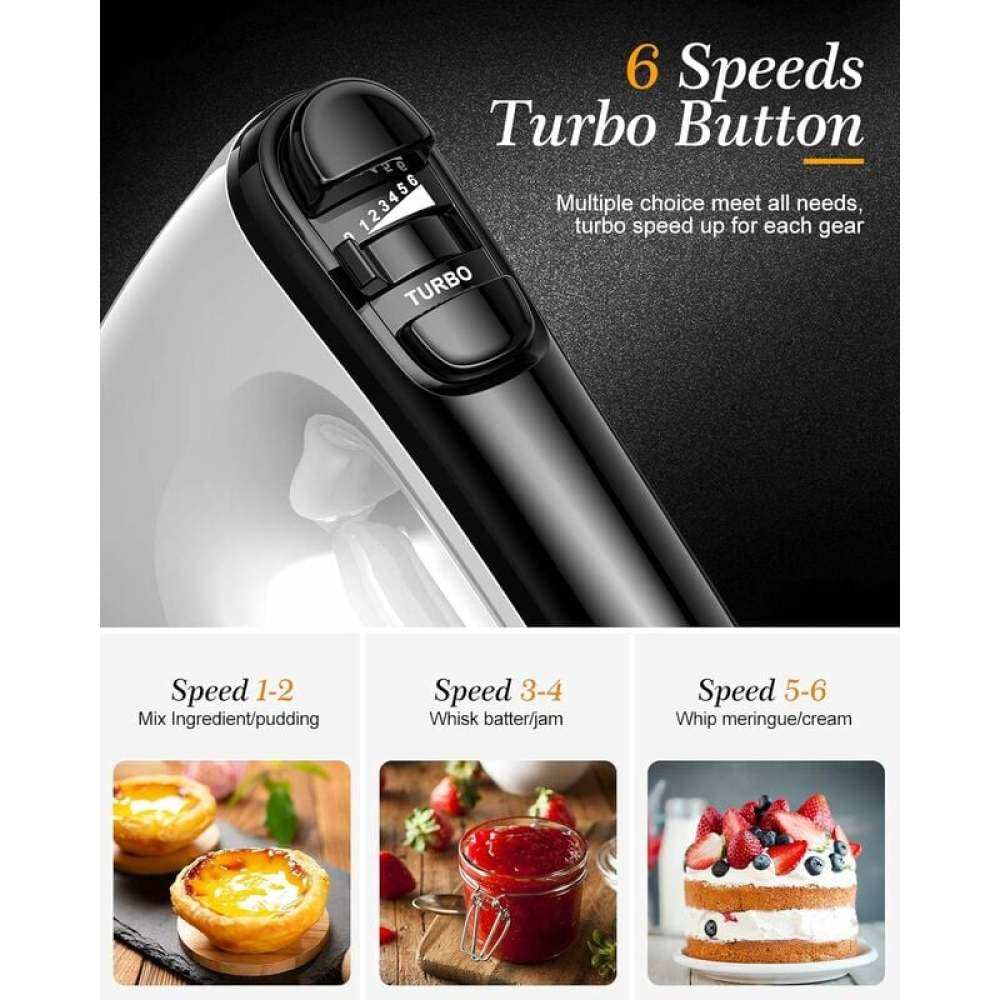 Ein elektrischer Mixer mit Turbo-Taste, Geschwindigkeitseinstellungen und Bildern von Lebensmitteln wie Törtchen, Marmelade und einem Kuchen.