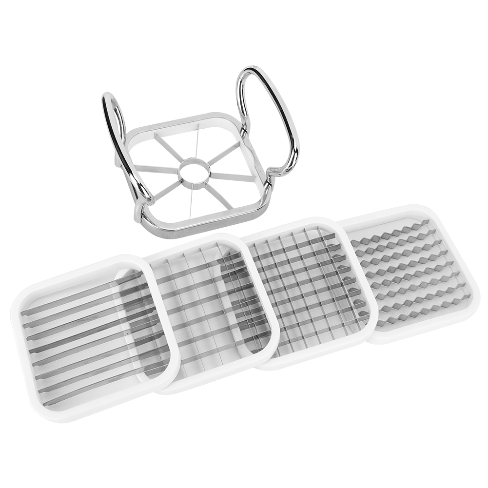 Apfelschneider mit mehreren Klingen. Enthält einen quadratischen Schneider mit Griffen und vier austauschbaren Schneidplatten.