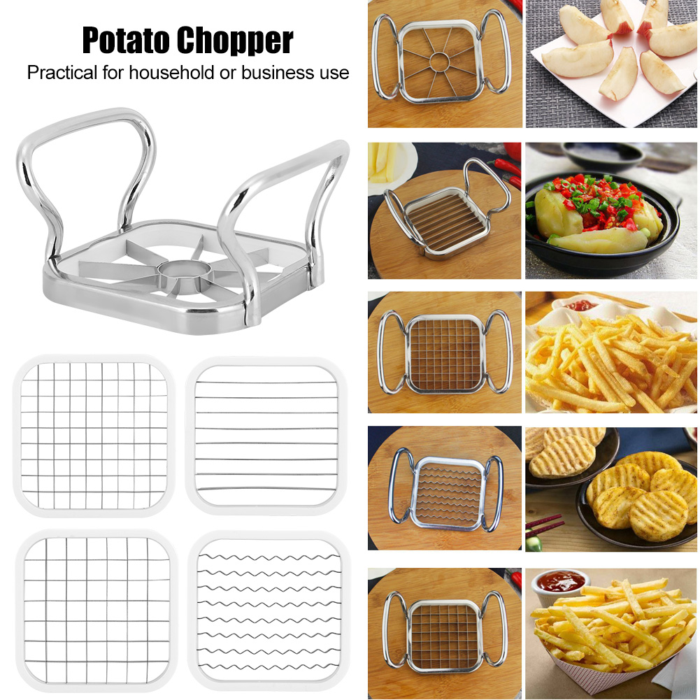 Ein Kartoffelschneider mit verschiedenen Schneidgittern. Bilder zeigen geschnittene Kartoffeln, Pommes und wellenförmige Kartoffeln.