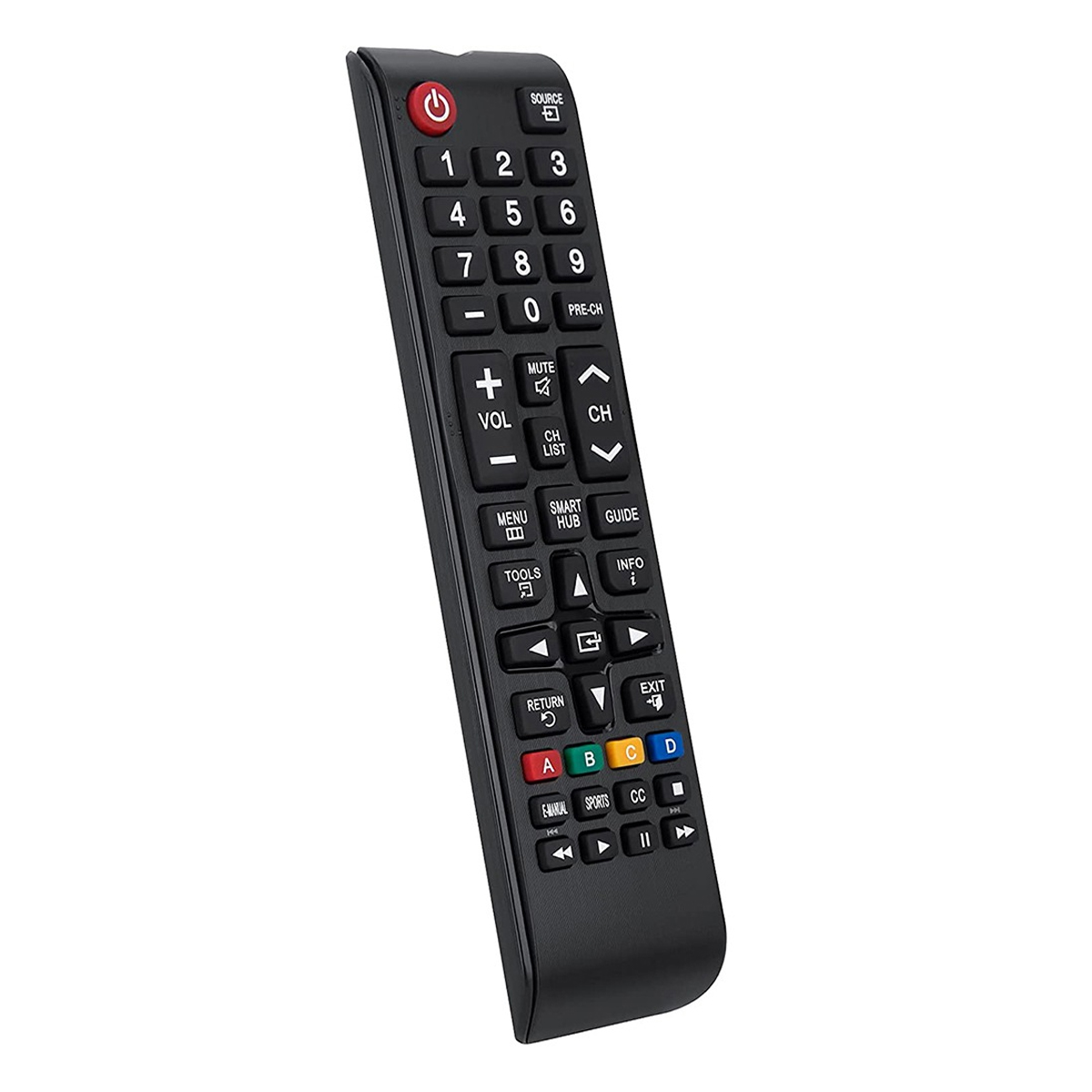 Eine schwarze Samsung TV-Fernbedienung mit vielen Tasten, darunter Zahlen, Lautstärke- und Kanalauswahl.