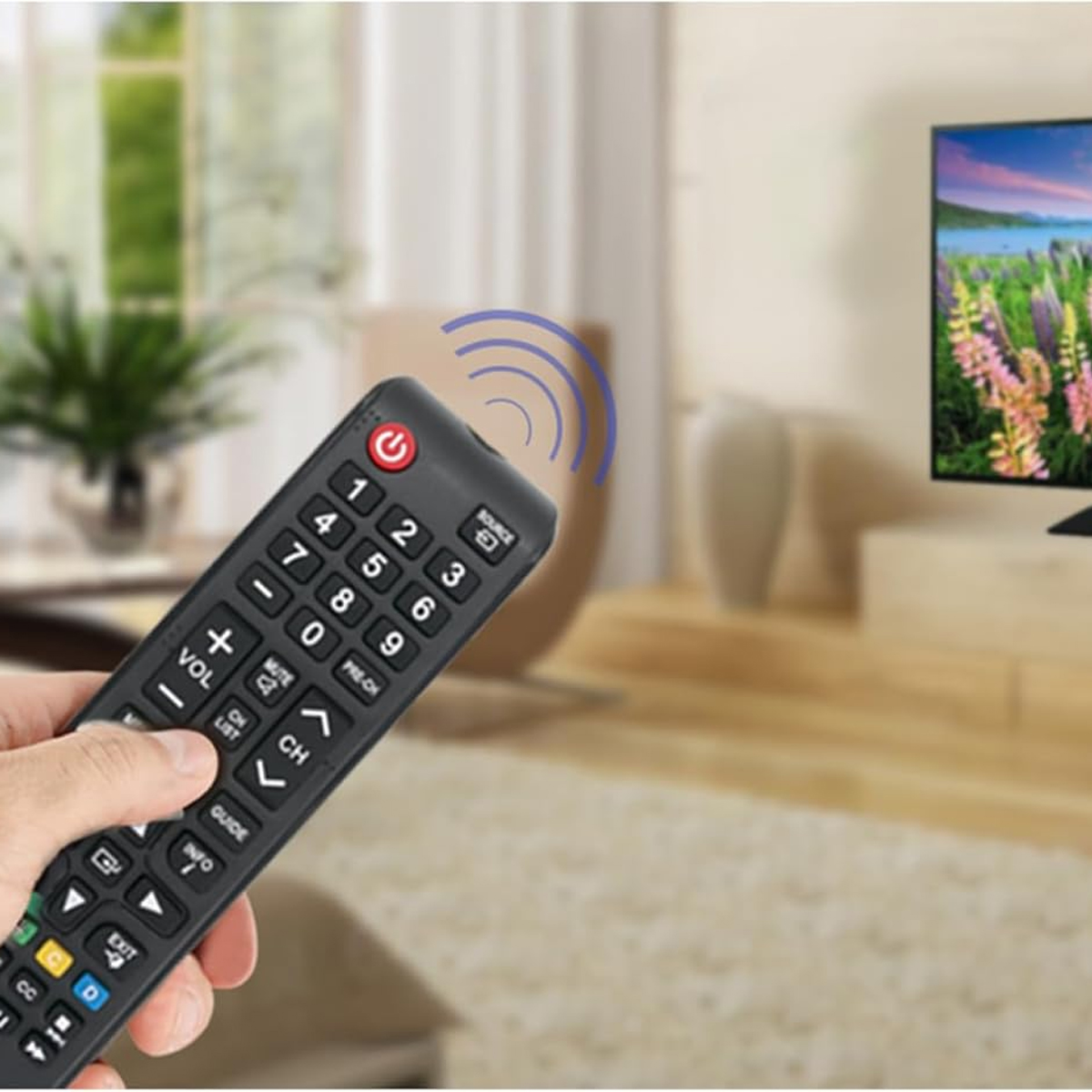 Eine Hand hält eine schwarze TV-Fernbedienung mit Tasten. Im Hintergrund ist ein Fernseher, der eine Landschaft zeigt.