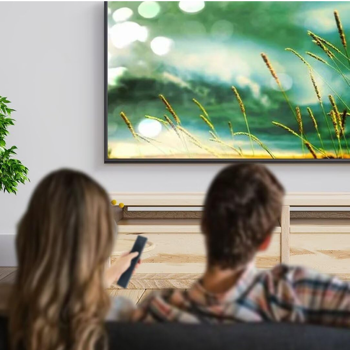 Ein Paar sieht fern. Einer hält eine Fernbedienung. Der Fernseher zeigt eine Naturszene mit Pflanzen. Der Raum hat eine weiße Wand und Holzmöbel.