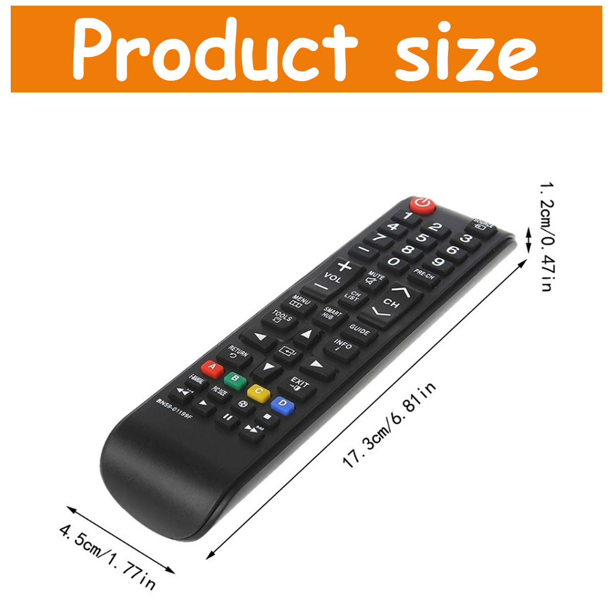 Schwarze TV-Fernbedienung mit Tasten und beschrifteten Abmessungen. Produktgröße steht oben.