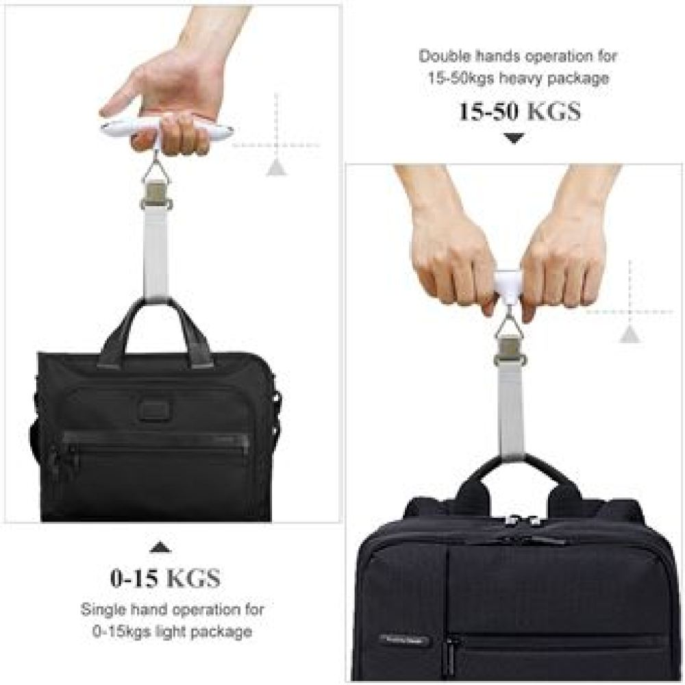 Das Bild zeigt zwei Hände, die eine Waage halten und eine schwarze Tasche und einen Rucksack messen. Text zeigt Gewichtsbereiche: 0-15 kg und 15-50 kg.