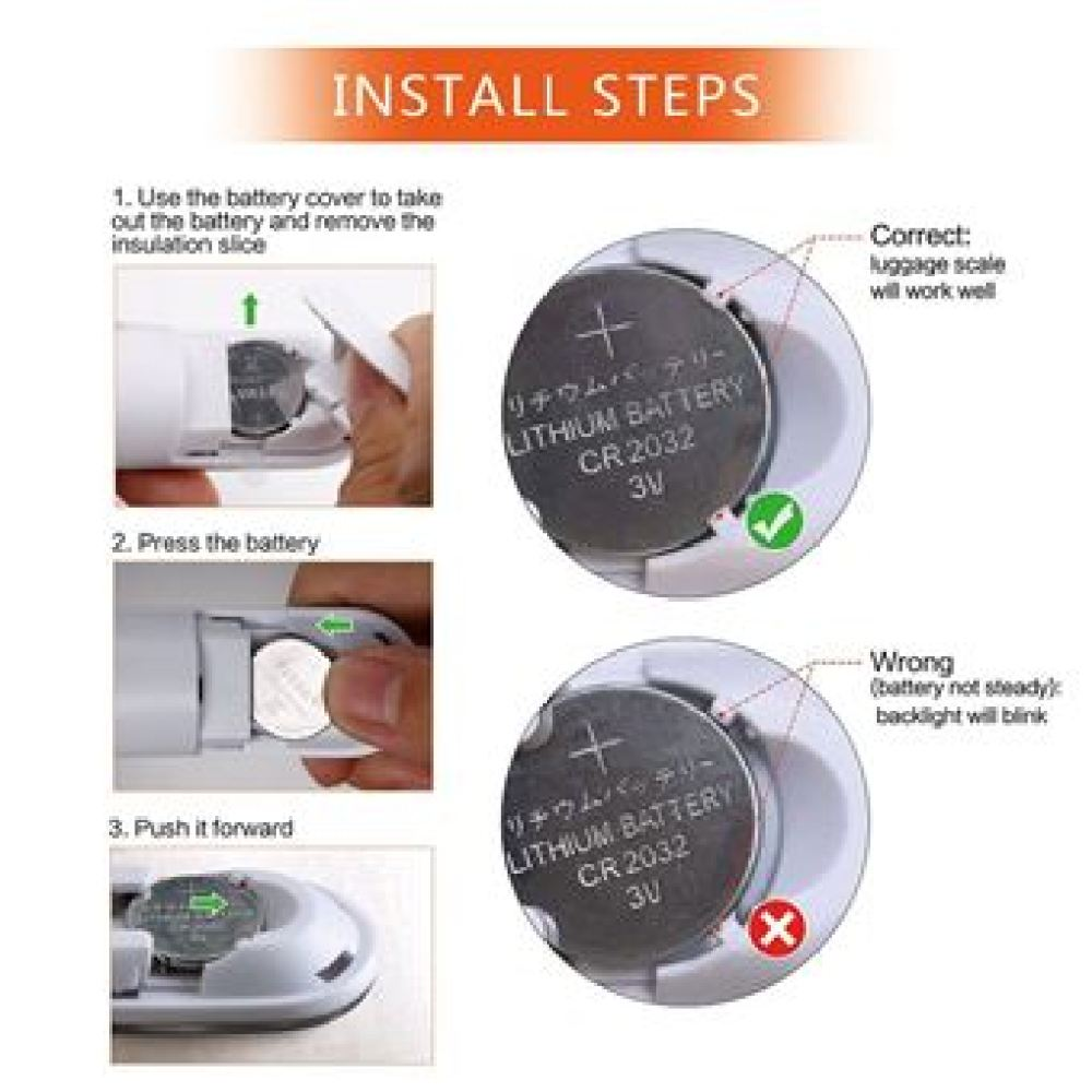 Anweisungen zum Einsetzen einer Batterie. Schritte zeigen das Entfernen der Abdeckung, das Drücken der Batterie und das Vorschieben. Richtige und falsche Positionen.