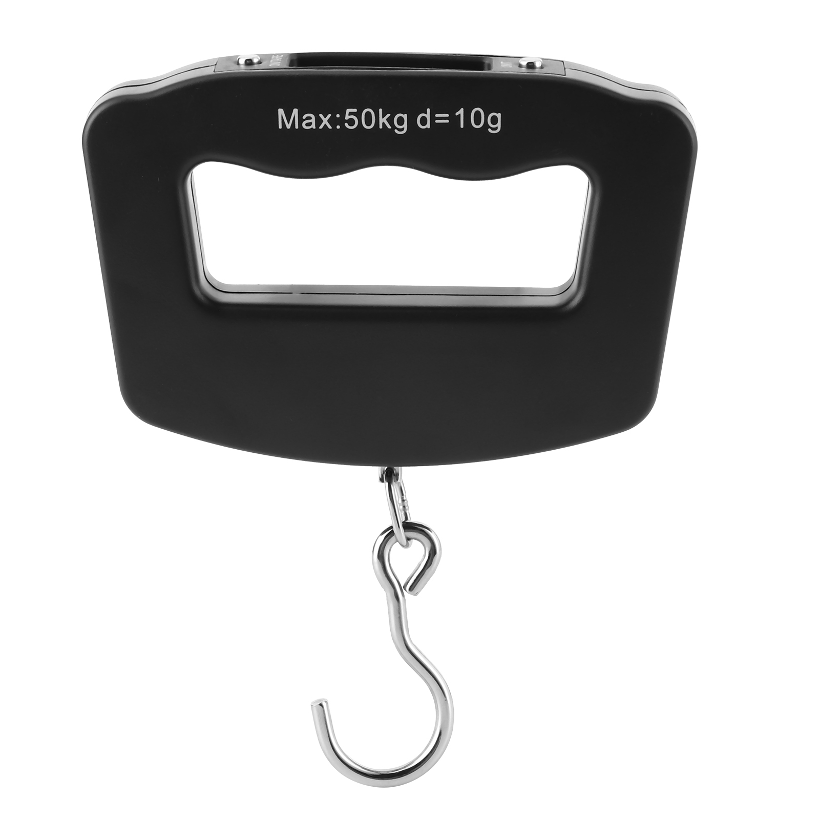 Eine schwarze Handwaage mit Haken. Auf der Waage steht: Max:50kg d=10g.