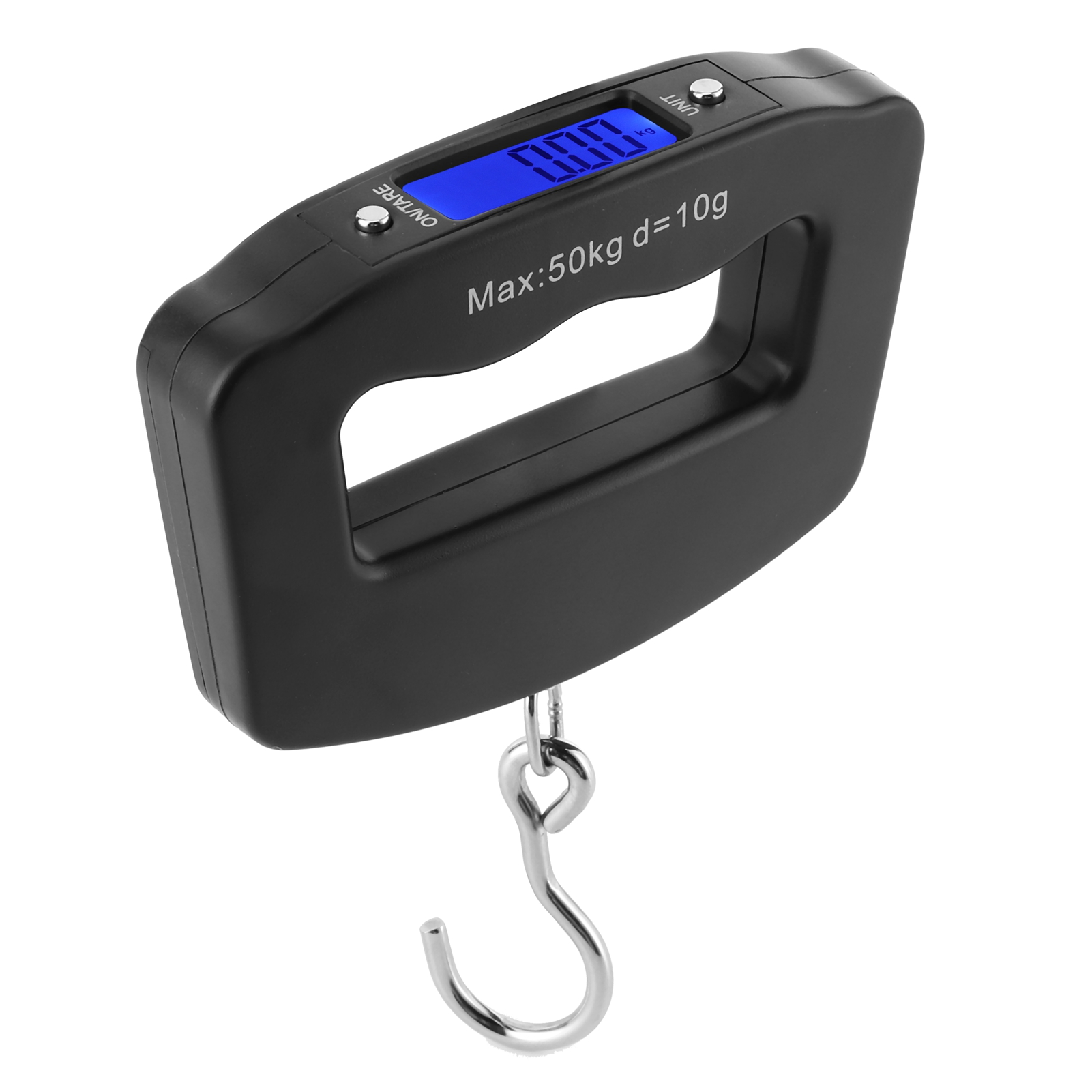 Eine schwarze digitale Hängewaage mit blauem Display, das 0,00 kg anzeigt, und einem silbernen Haken.