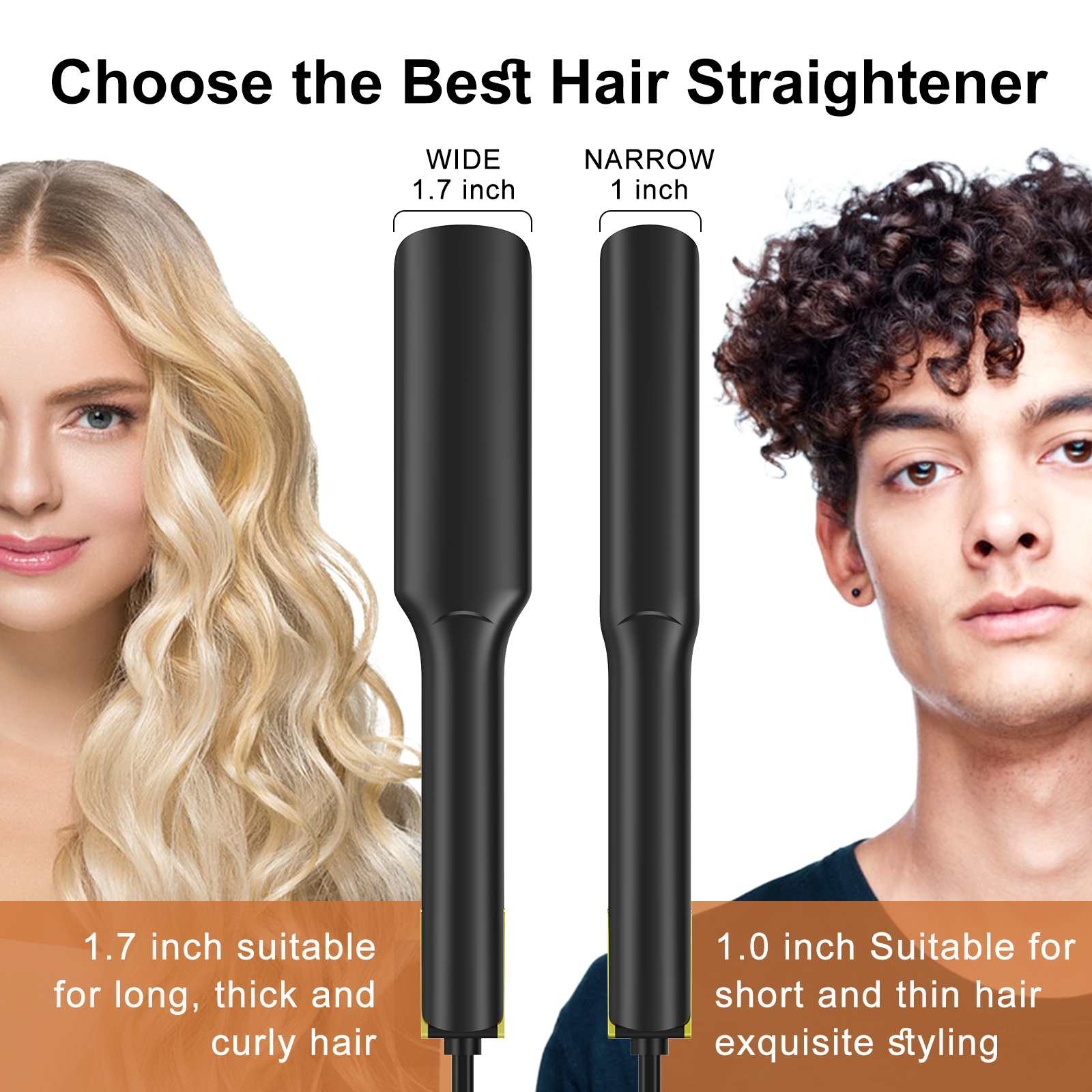 Das Bild zeigt zwei Haarglätter, einen breiten und einen schmalen, mit Gesichtern von Menschen mit verschiedenen Haartypen.