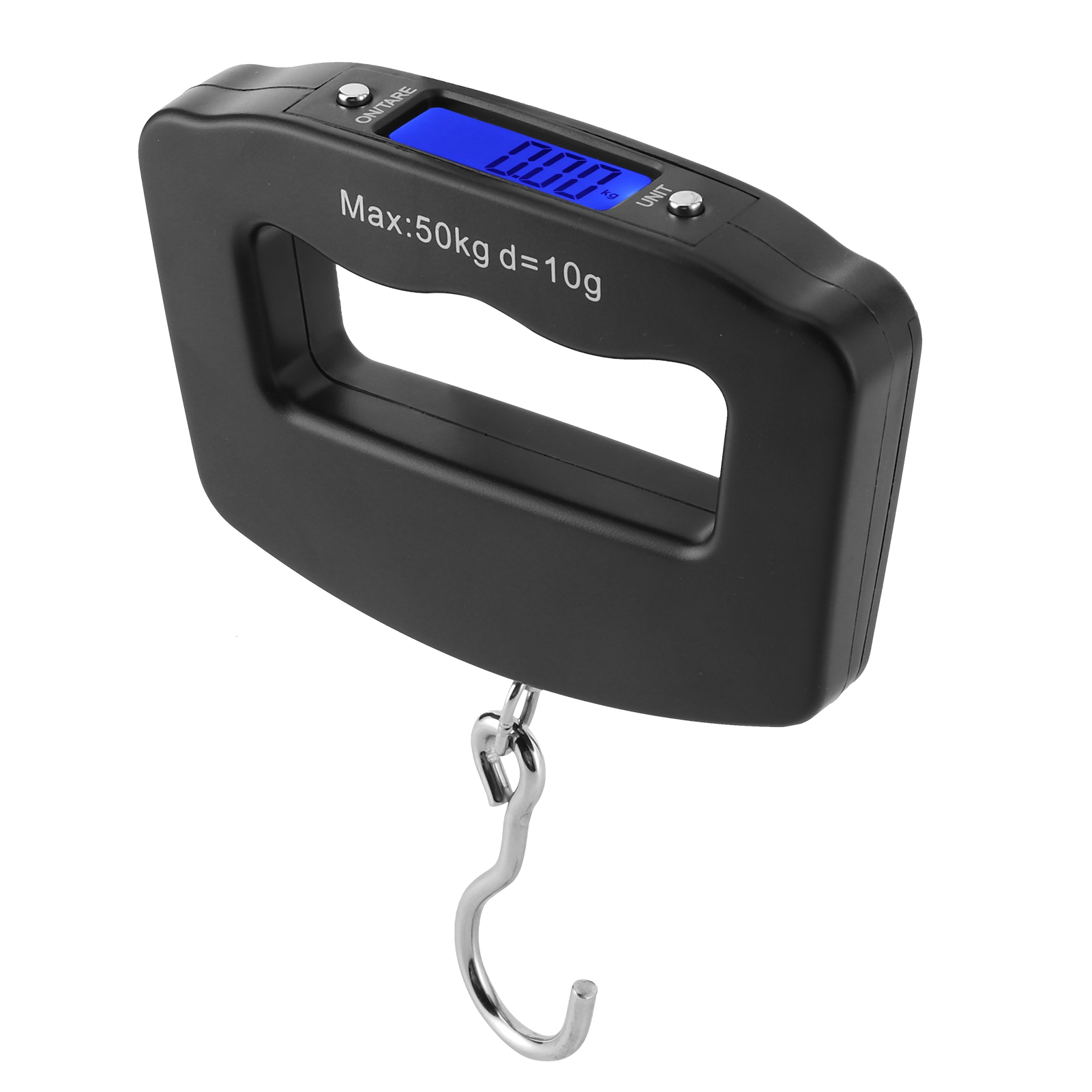 Eine schwarze digitale Hängewaage mit blauem Display, das Null anzeigt. Unter dem Griff hängt ein silberner Haken.