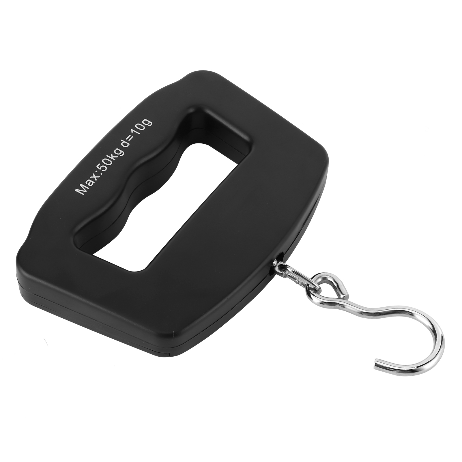 Eine schwarze Handwaage mit Haken. Sie hat einen Griff und den Text 'Max:50kg d=10g'.