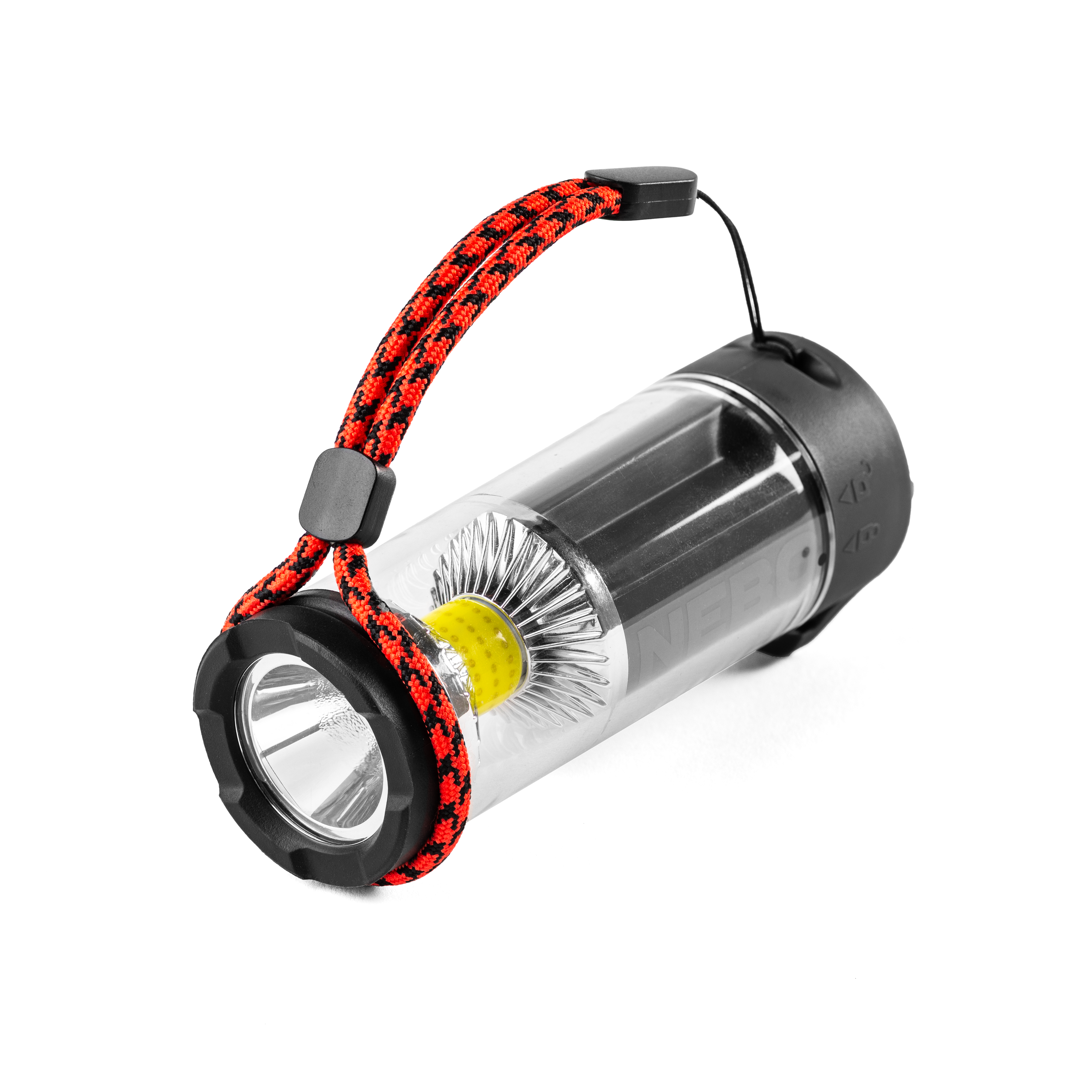 Una linterna cilíndrica con un asa de cuerda roja y negra. Tiene una luz brillante y un centro amarillo.