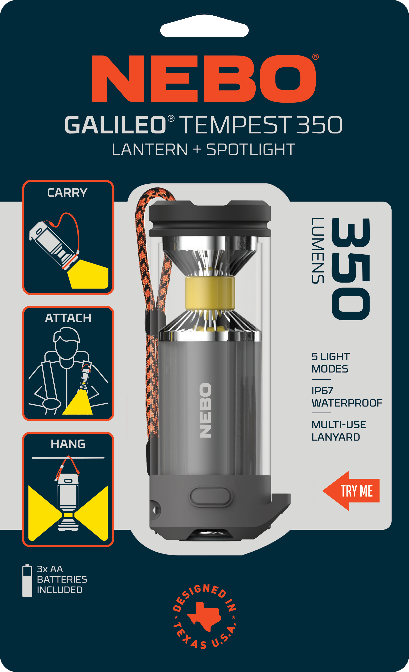 Una combinación de linterna y foco NEBO Galileo Tempest 350. Incluye 350 lúmenes, 5 modos, IP67 a prueba de agua y un cordón multiuso.