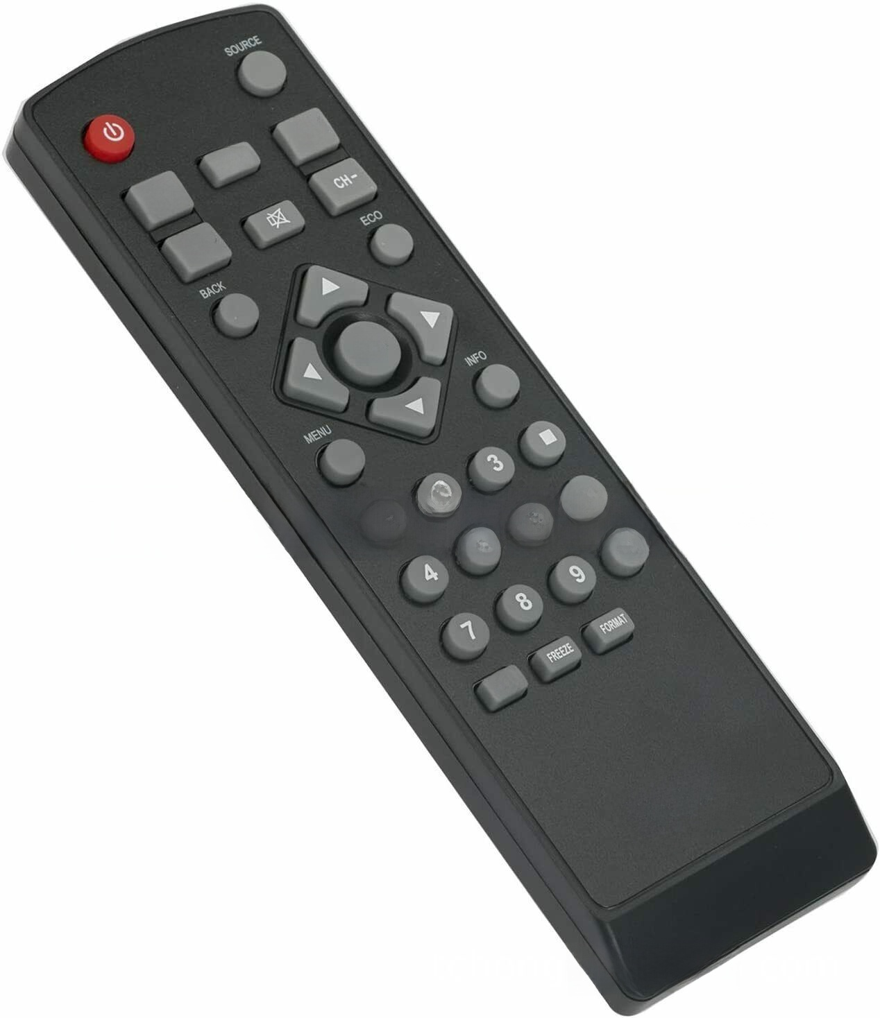 Eine schwarze TV-Fernbedienung mit mehreren grauen Tasten und einer roten Einschalttaste oben, angeordnet auf einer schwarzen Oberfläche.