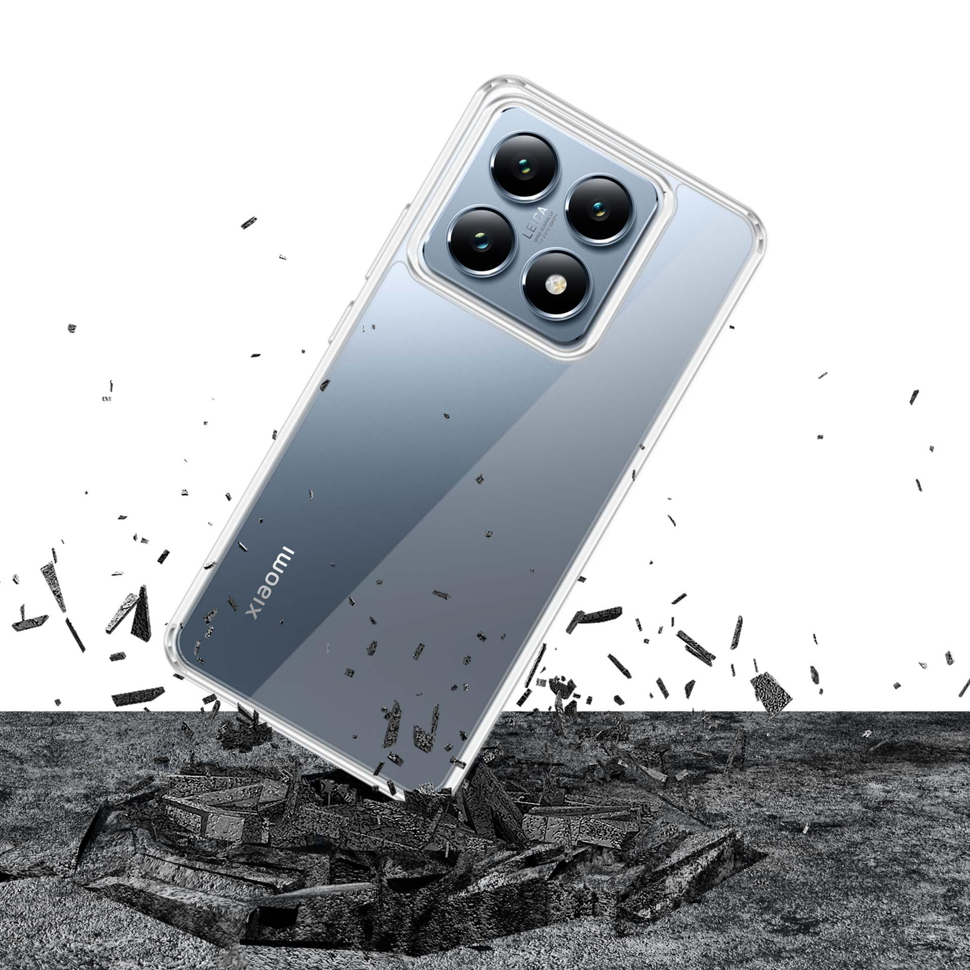 Telefon w etui spada. Odłamki w powietrzu i poniżej. Telefon to Xiaomi z aparatem Leica.