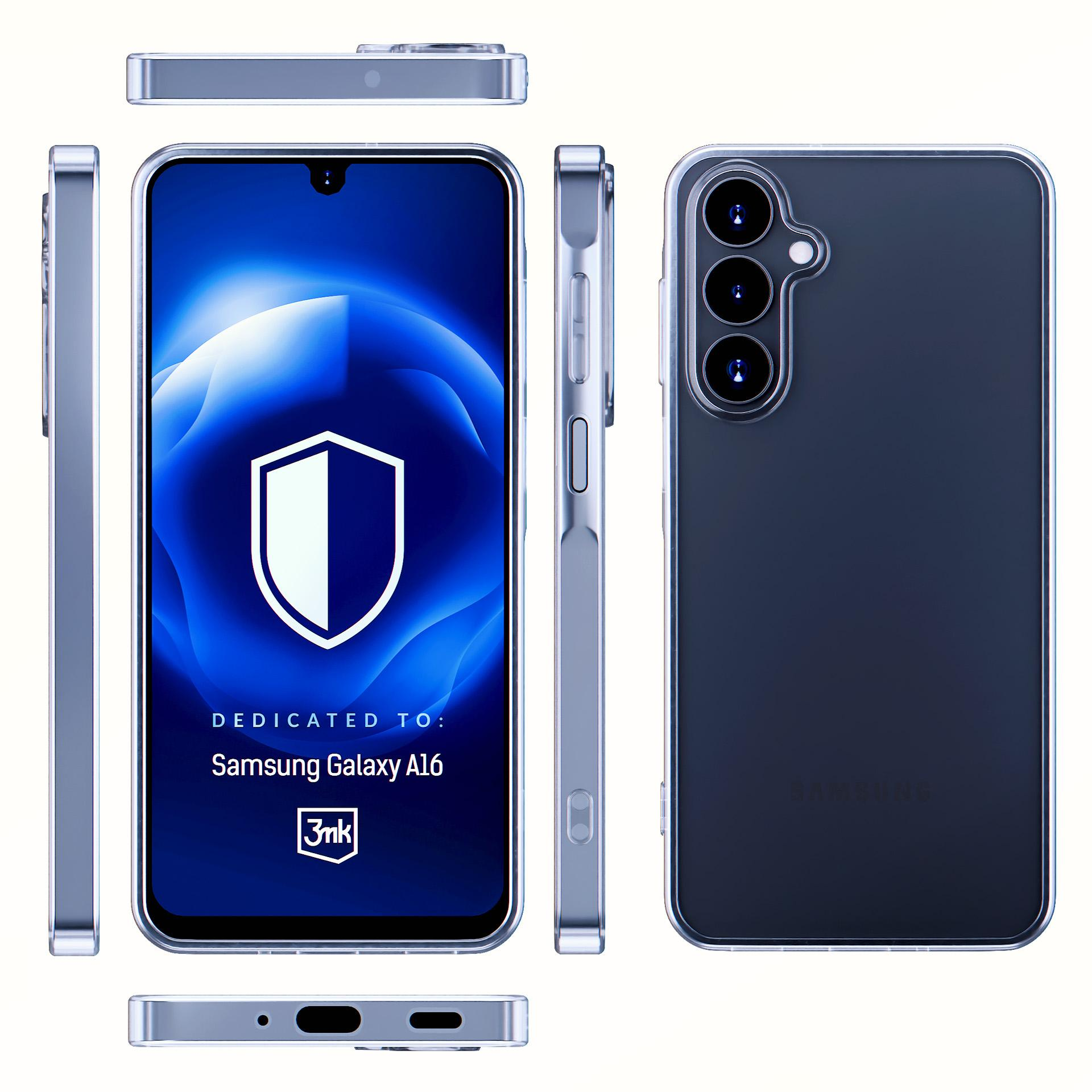 Telefon Samsung Galaxy A16 w przezroczystym etui. Ekran wyświetla logo tarczy. Widoczne są również widoki z boku i z góry.