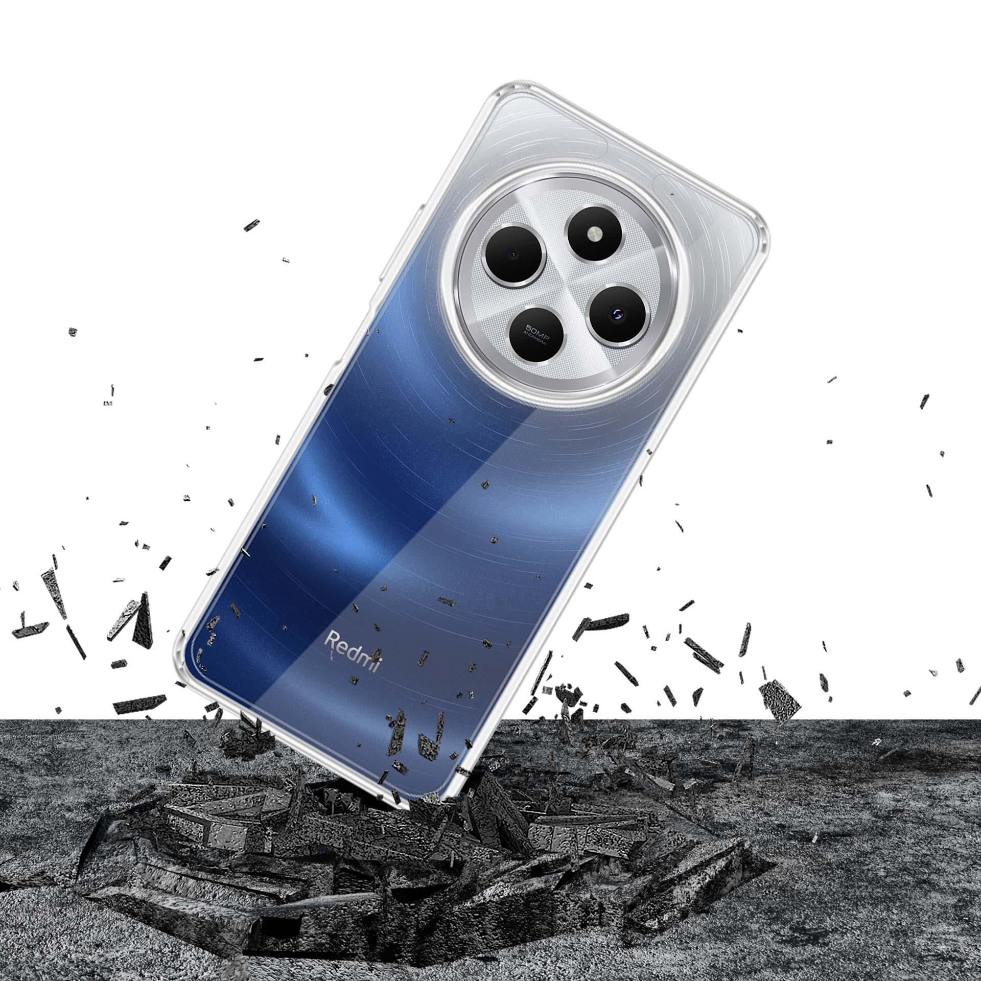 Telefon w etui wydaje się upadać i rozbijać powierzchnię. Telefon ma trzy obiektywy.