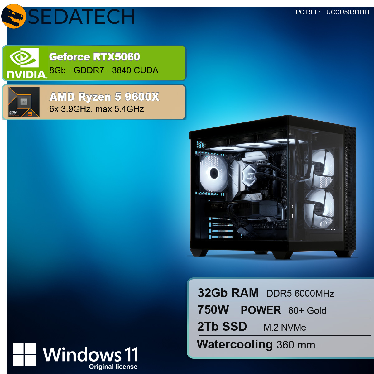 Obudowa komputera z podzespołami oświetlonymi białymi diodami LED. Specyfikacje obejmują RTX 5060, Ryzen 5 9600X, 32 GB RAM, zasilanie 750W i dysk SSD 2 TB.