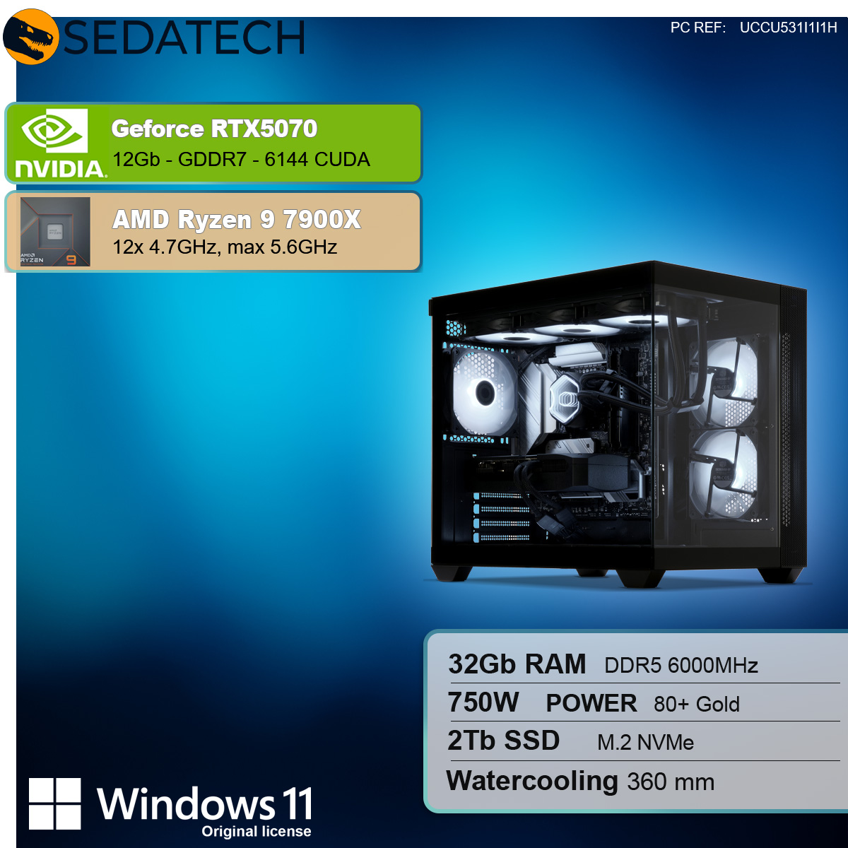 Un case per computer con componenti visualizzati. Le specifiche includono GeForce RTX5070, AMD Ryzen 9 7900X, 32 GB RAM, 2 TB SSD e raffreddamento a liquido.