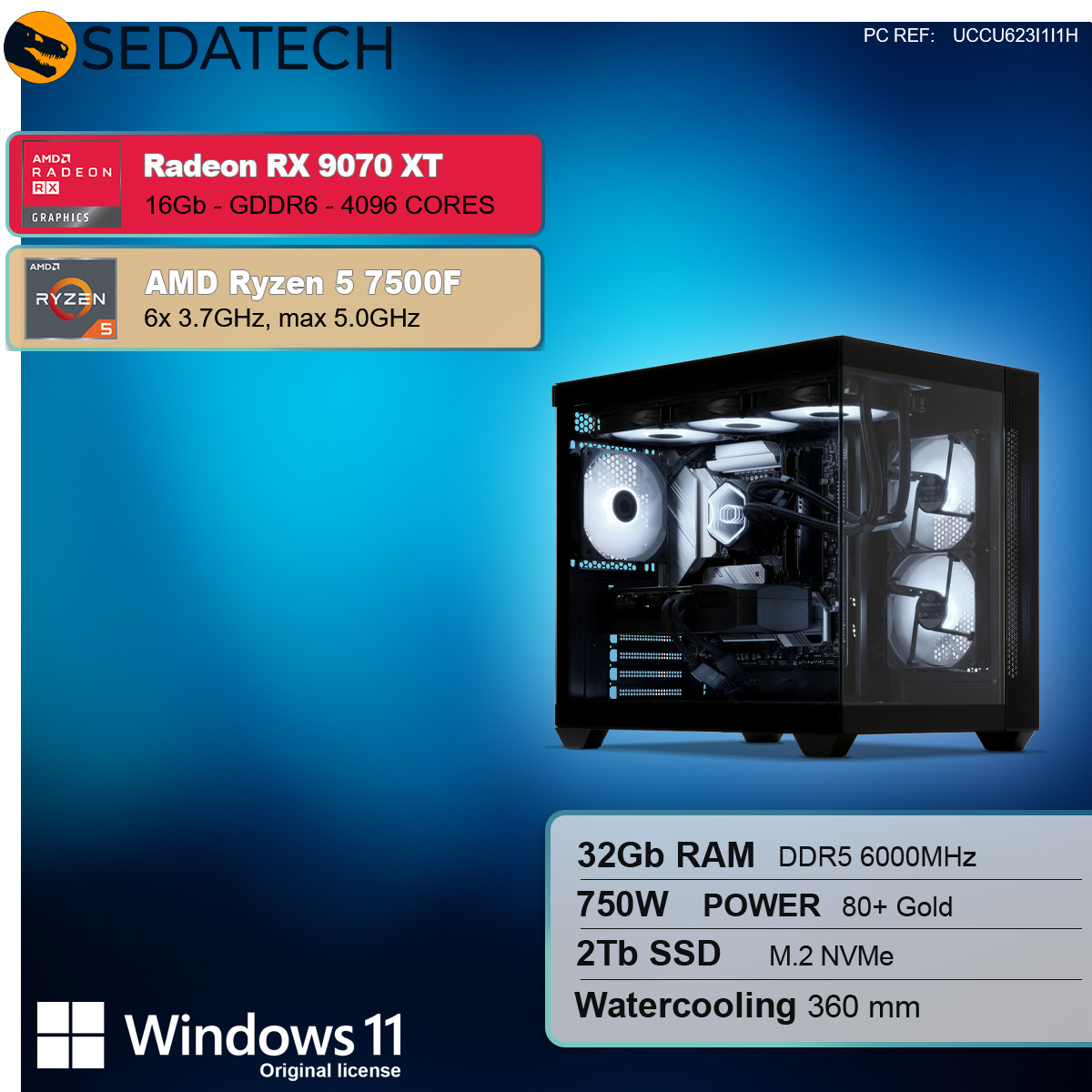 Pokazano obudowę komputera z komponentami. Specyfikacje obejmują Radeon RX 9070 XT, Ryzen 5 7500F, 32 GB RAM, zasilacz 750W i chłodzenie wodne.