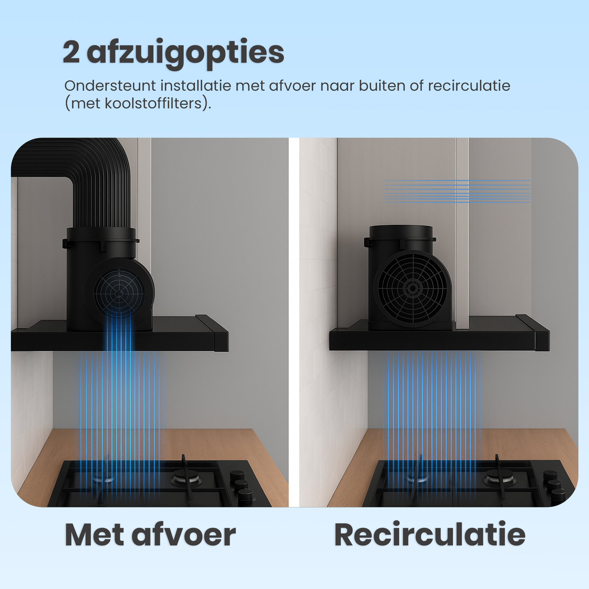 L'image montre deux options de hotte : extraction et recirculation. Chacune est une hotte noire au-dessus d'une cuisinière.