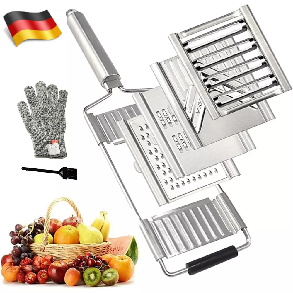 Ein Küchenreibe mit verschiedenen Klingen, einem Schutzhandschuh, einer Bürste, einem Obstkorb und einer deutschen Flagge.