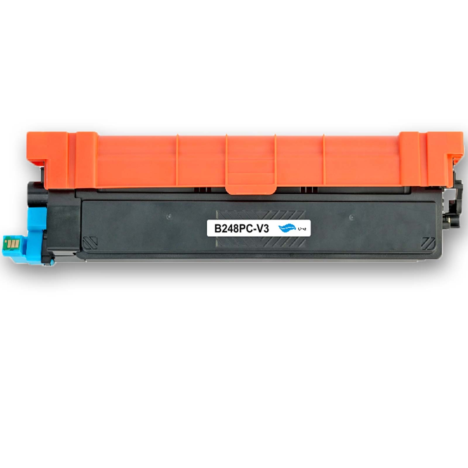 Eine Druckertoner-Kartusche. Sie hat orangefarbene und schwarze Teile sowie einen blauen Anschluss. Auf einem Etikett steht B248PC-V3.