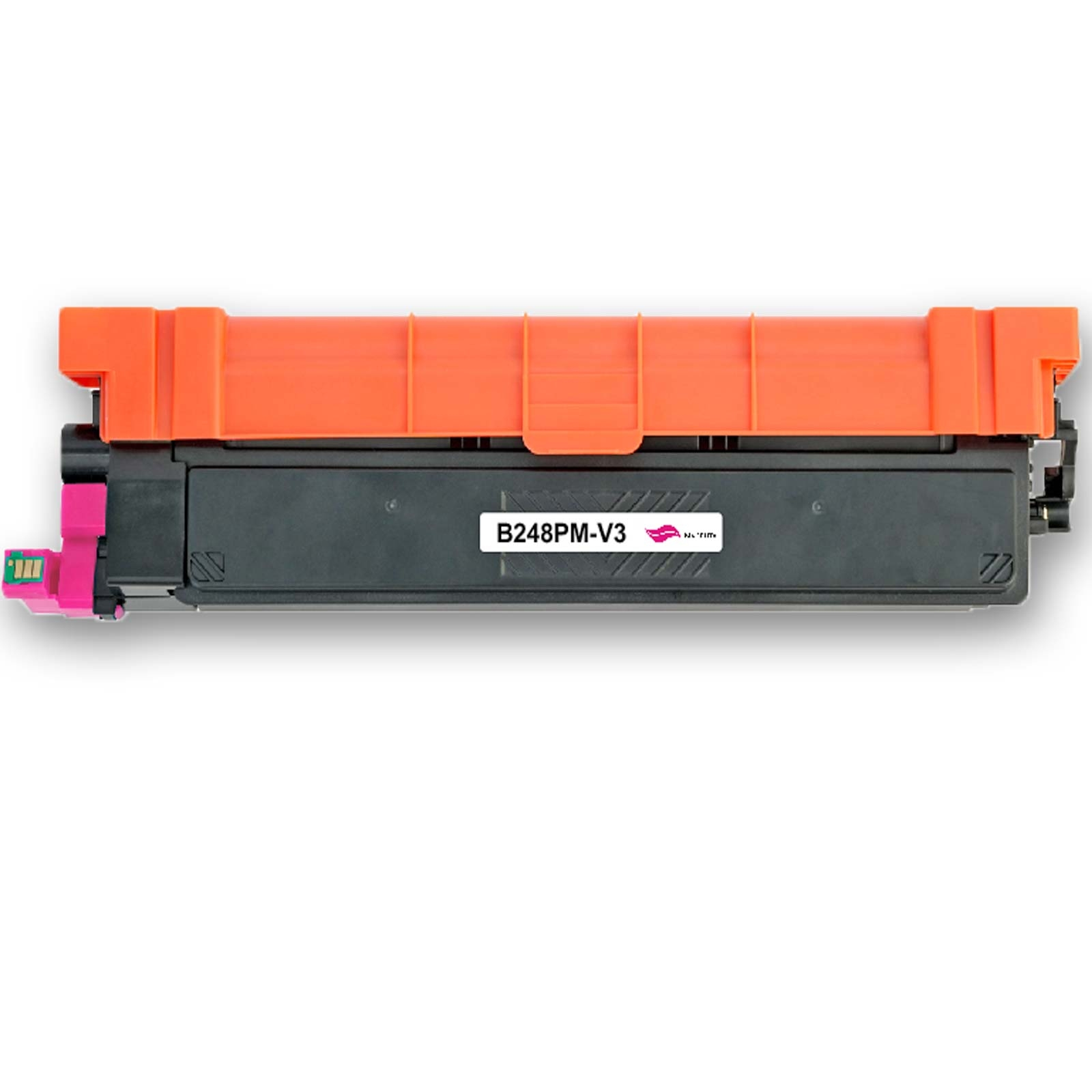 Eine Drucker-Tonerkartusche. Sie ist schwarz mit einem orangen Oberteil und einer pinkfarbenen Seite. Auf dem Etikett steht B248PM-V3.