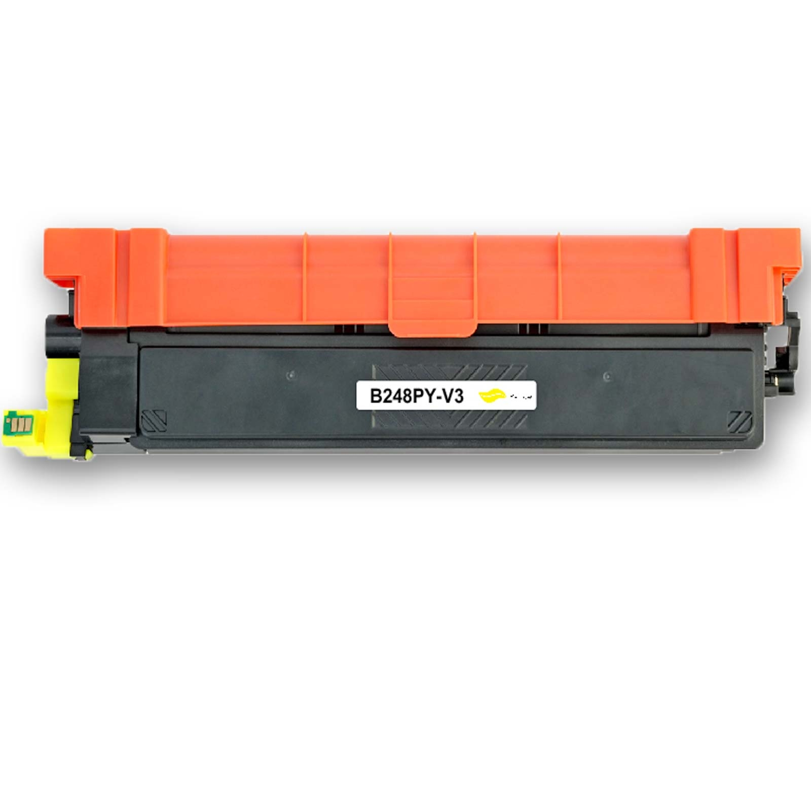 Eine Drucker-Tonerkartusche. Sie ist schwarz mit einem orangenen Deckel. Die Seite hat ein gelbes Teil und einen Aufkleber.