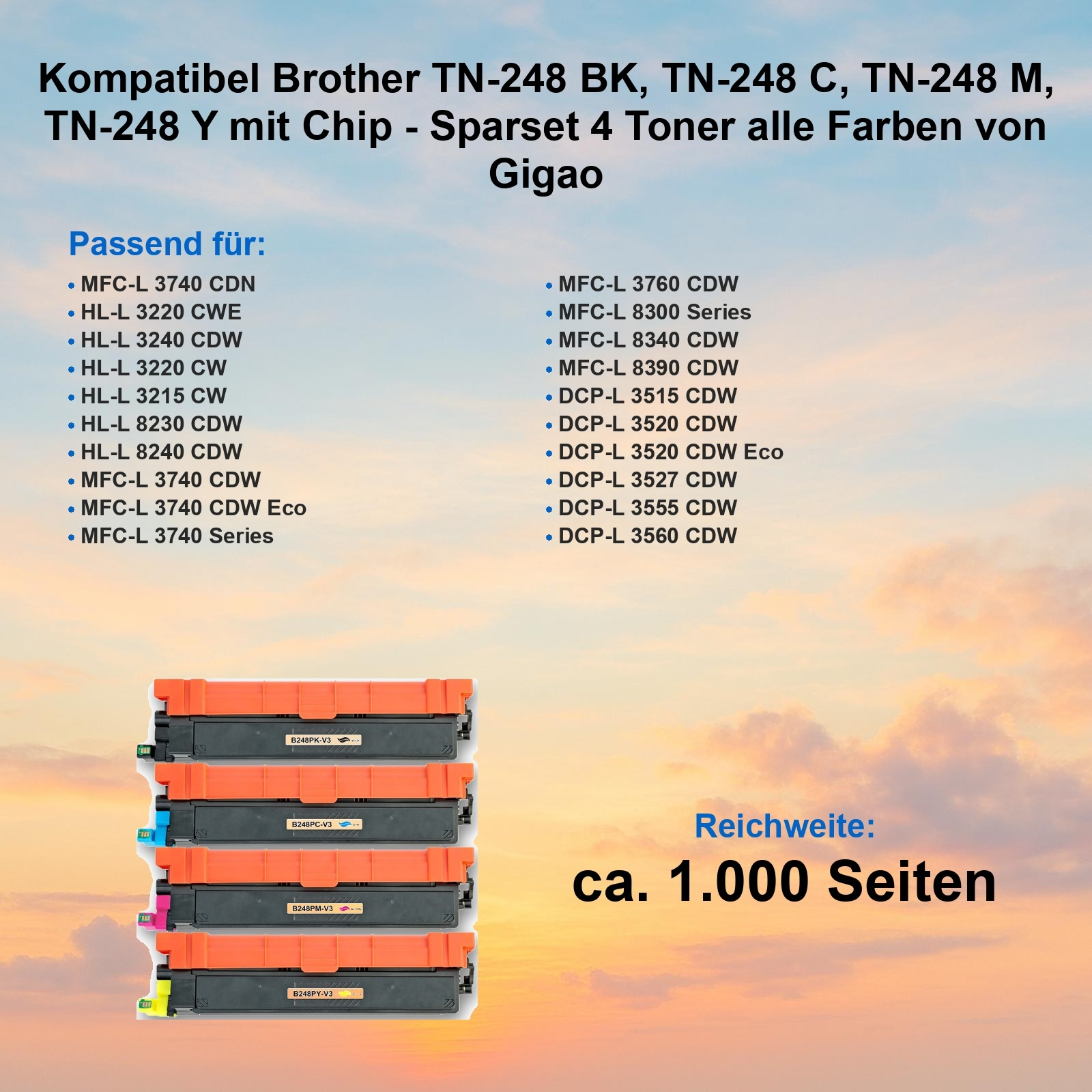 Das Bild zeigt Tonerkartuschen mit Produktdetails und einer Liste kompatibler Druckermodelle.