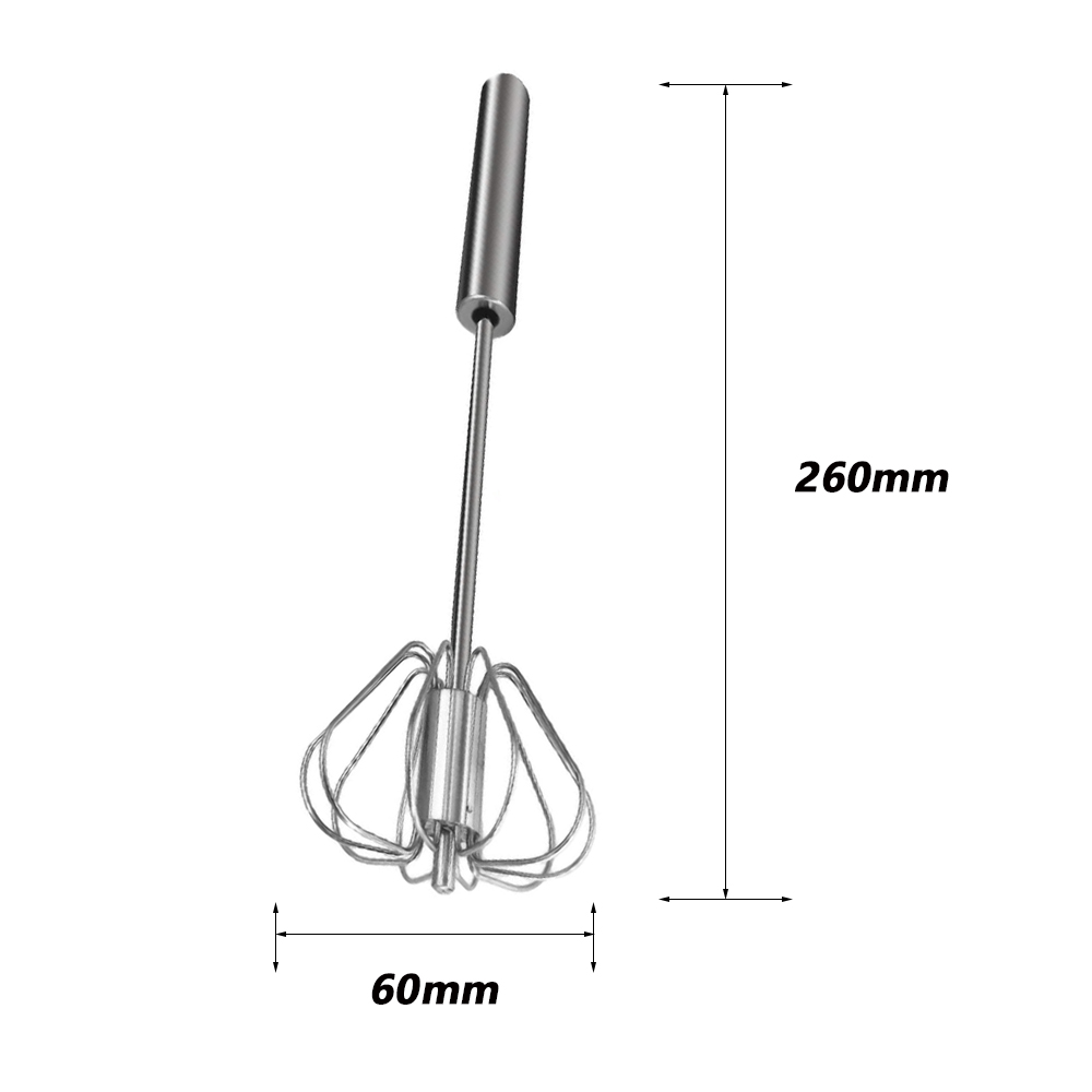 Ein Schneebesen aus Metall mit Griff. Die Abmessungen sind angegeben: 260 mm hoch und 60 mm breit.